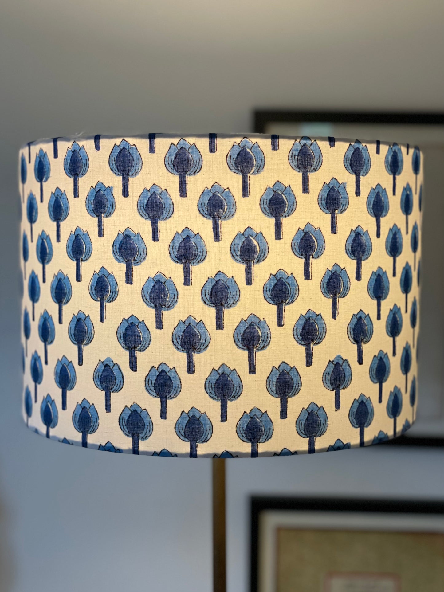 12 Inch Drum Lampshade. Indian Block Print. Shades of Royal Blue on White.