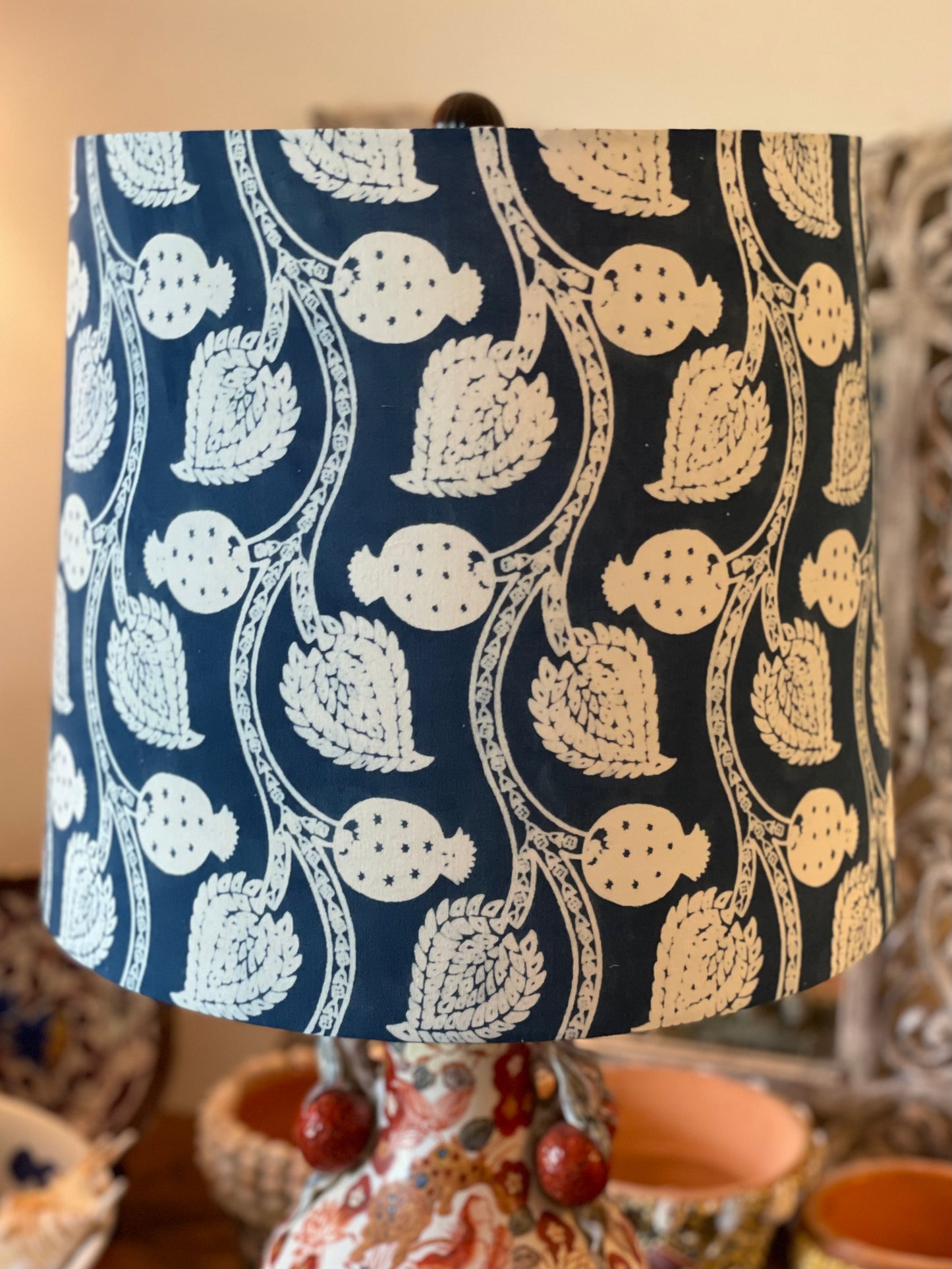 Large Empire Shade. 11.75 x 13.75 x 11.75. Indian Hand Resist Fabric. Indigo and White.