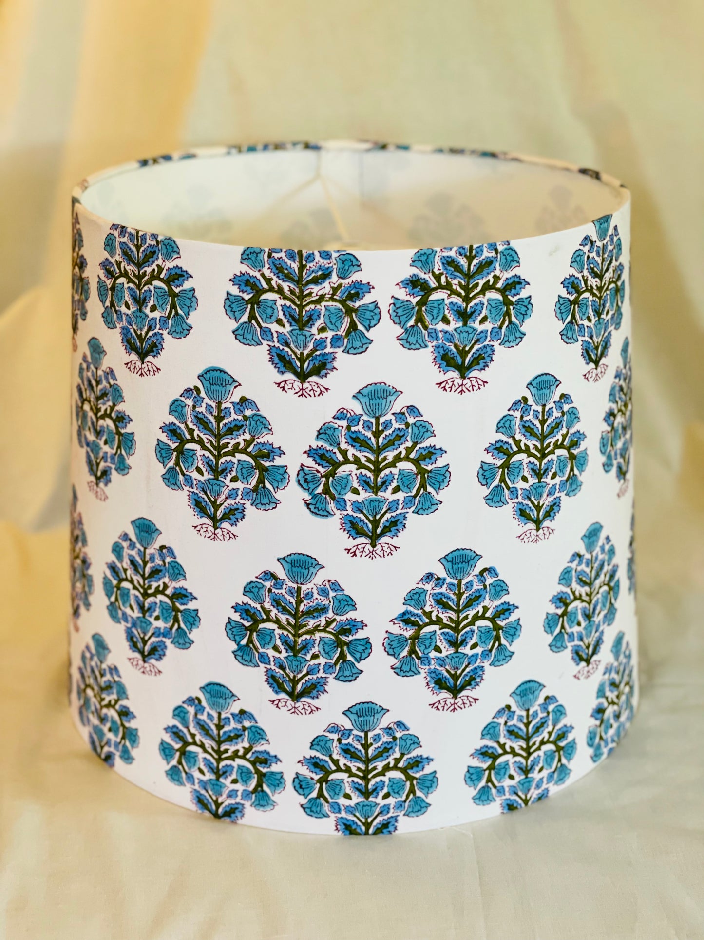 Large Empire Shade. 11.75 x 13.75 x 11.75. Indian Hand Block Print. Faded Lapis, Teal, and Deep Olive on Ivory.
