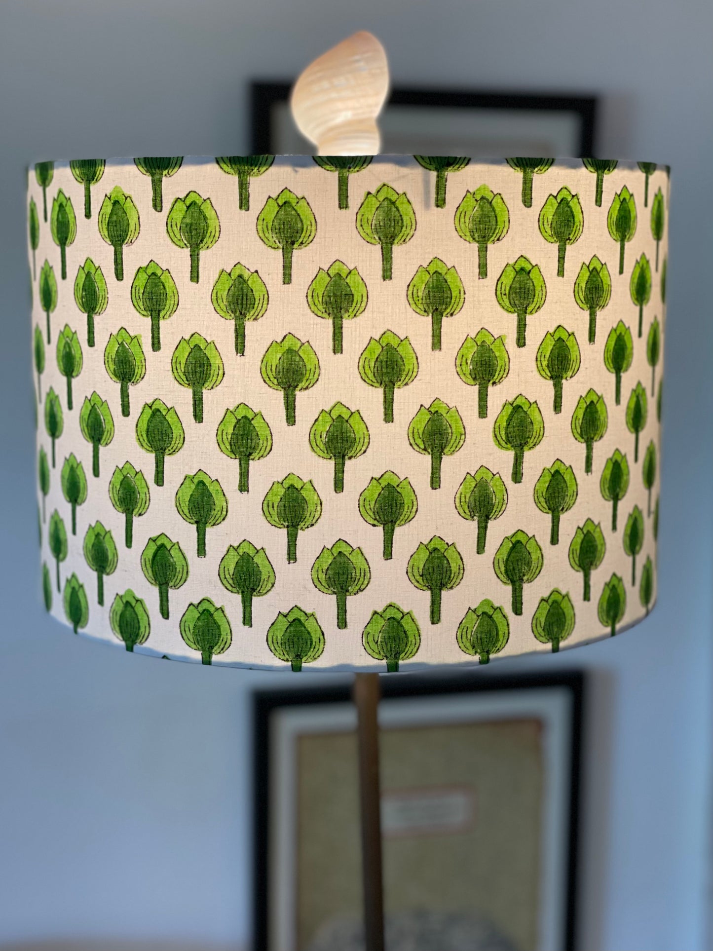 12 Inch Drum Lampshade. Indian Block Print. Shades of Apple Green on White.