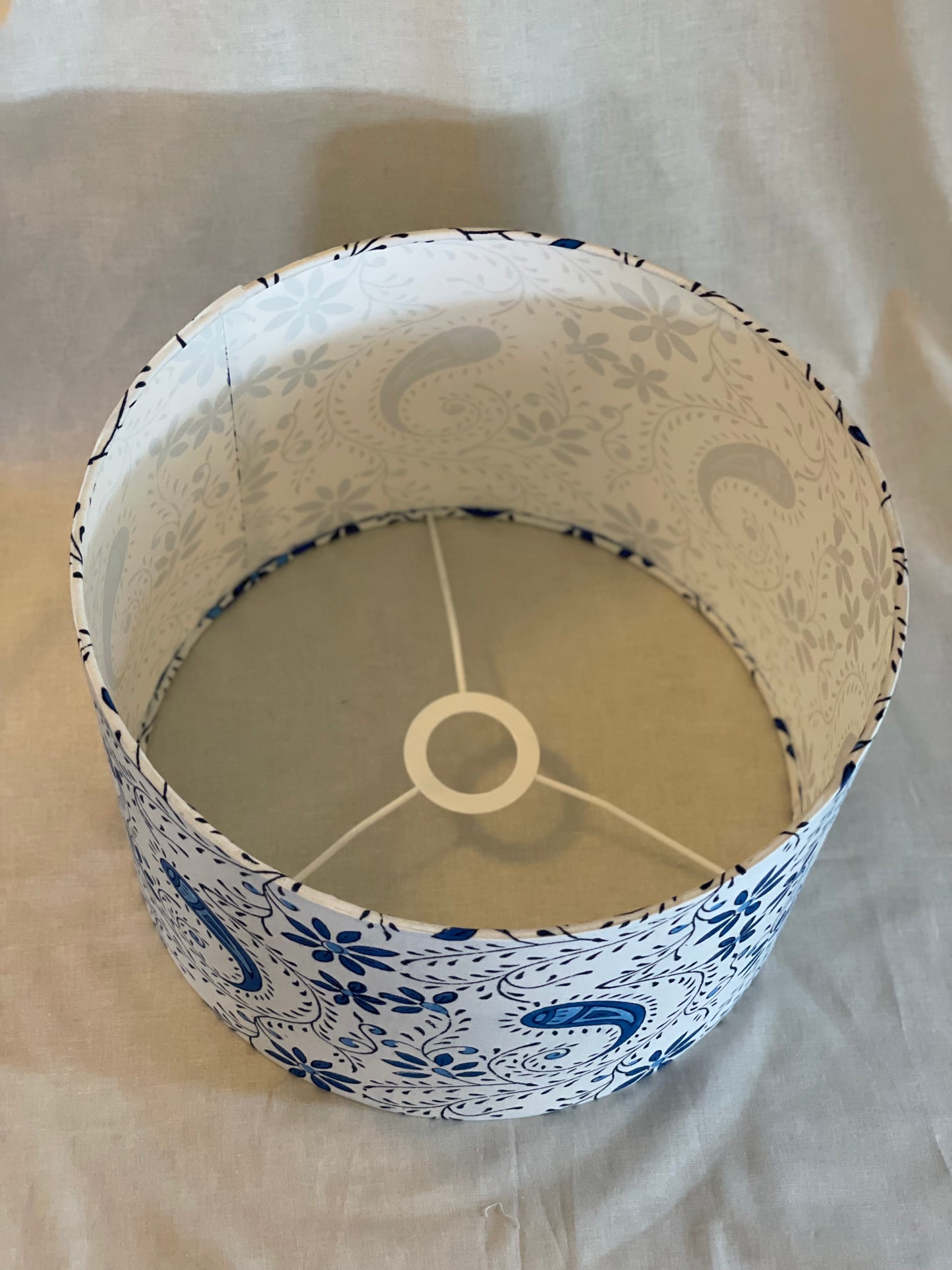 12 Inch Drum Lampshade. Indian Block Print. Playful Floral and Paisley. Oxford Blue and Navy on White.