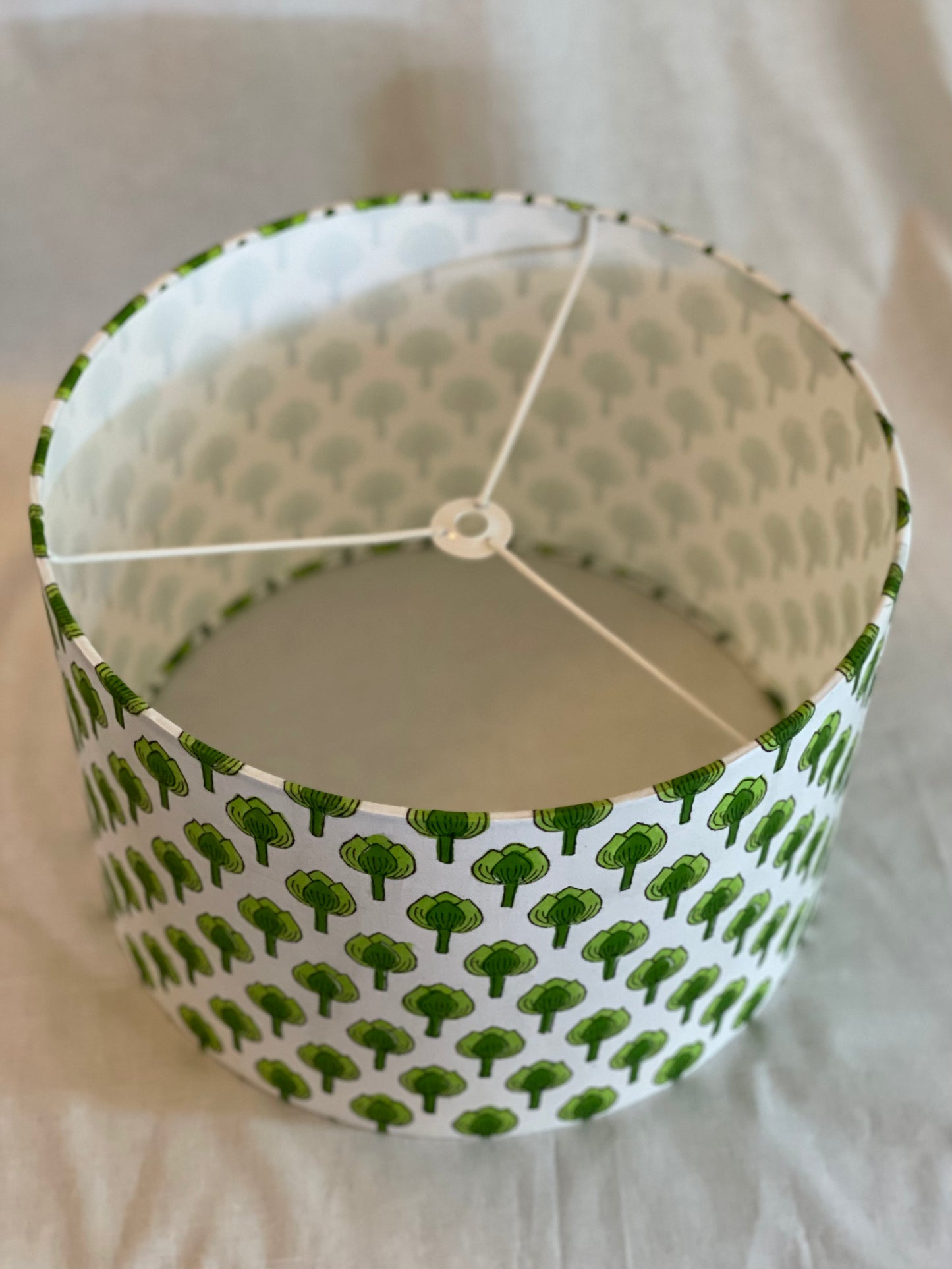 12 Inch Drum Lampshade. Indian Block Print. Shades of Apple Green on White.