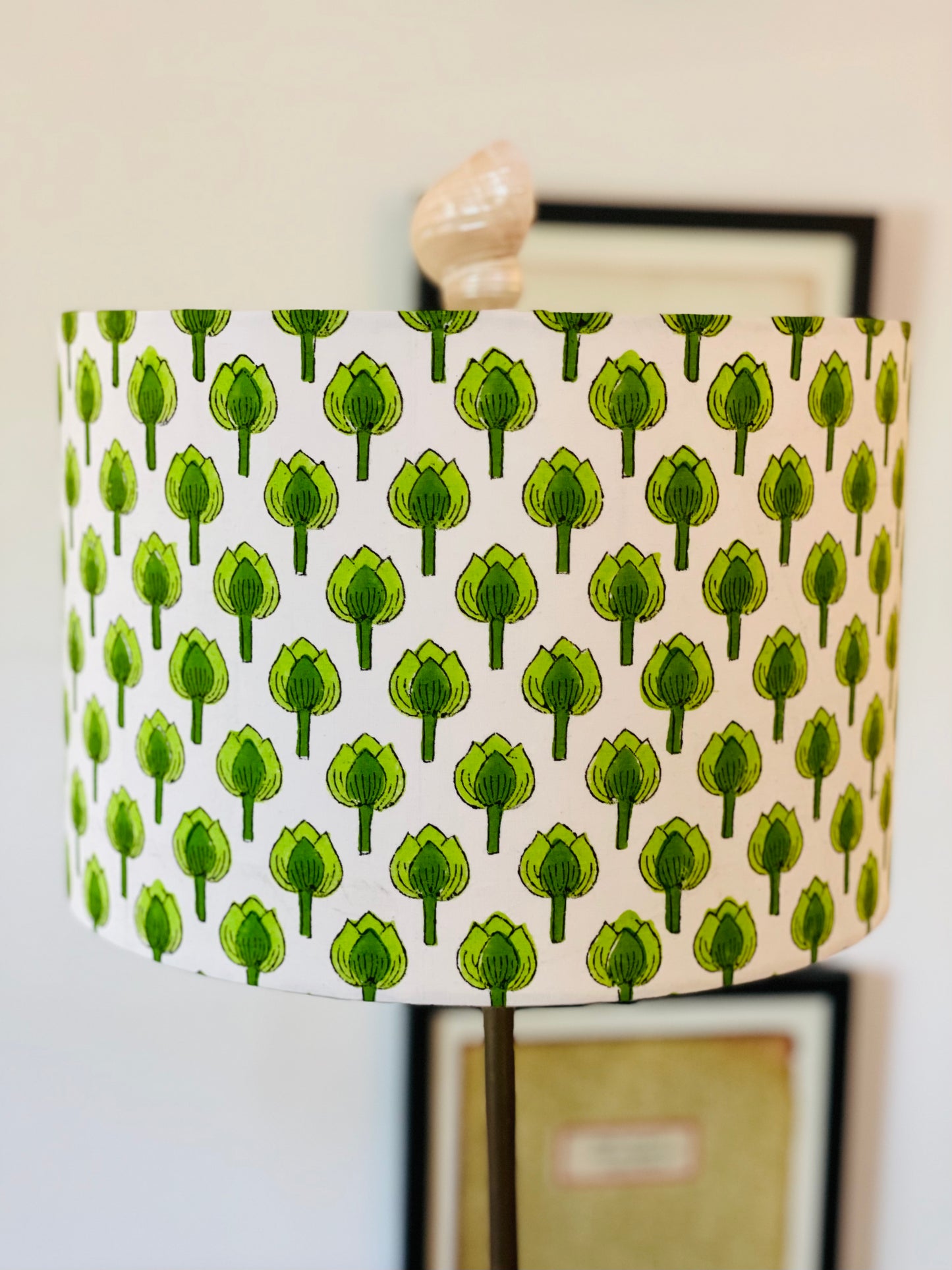 12 Inch Drum Lampshade. Indian Block Print. Shades of Apple Green on White.