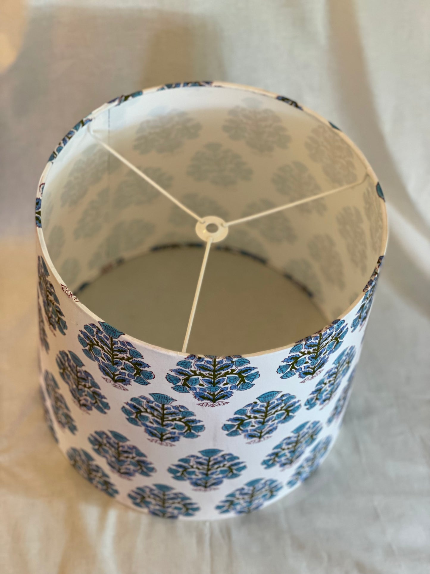 Large Empire Shade. 11.75 x 13.75 x 11.75. Indian Hand Block Print. Faded Lapis, Teal, and Deep Olive on Ivory.