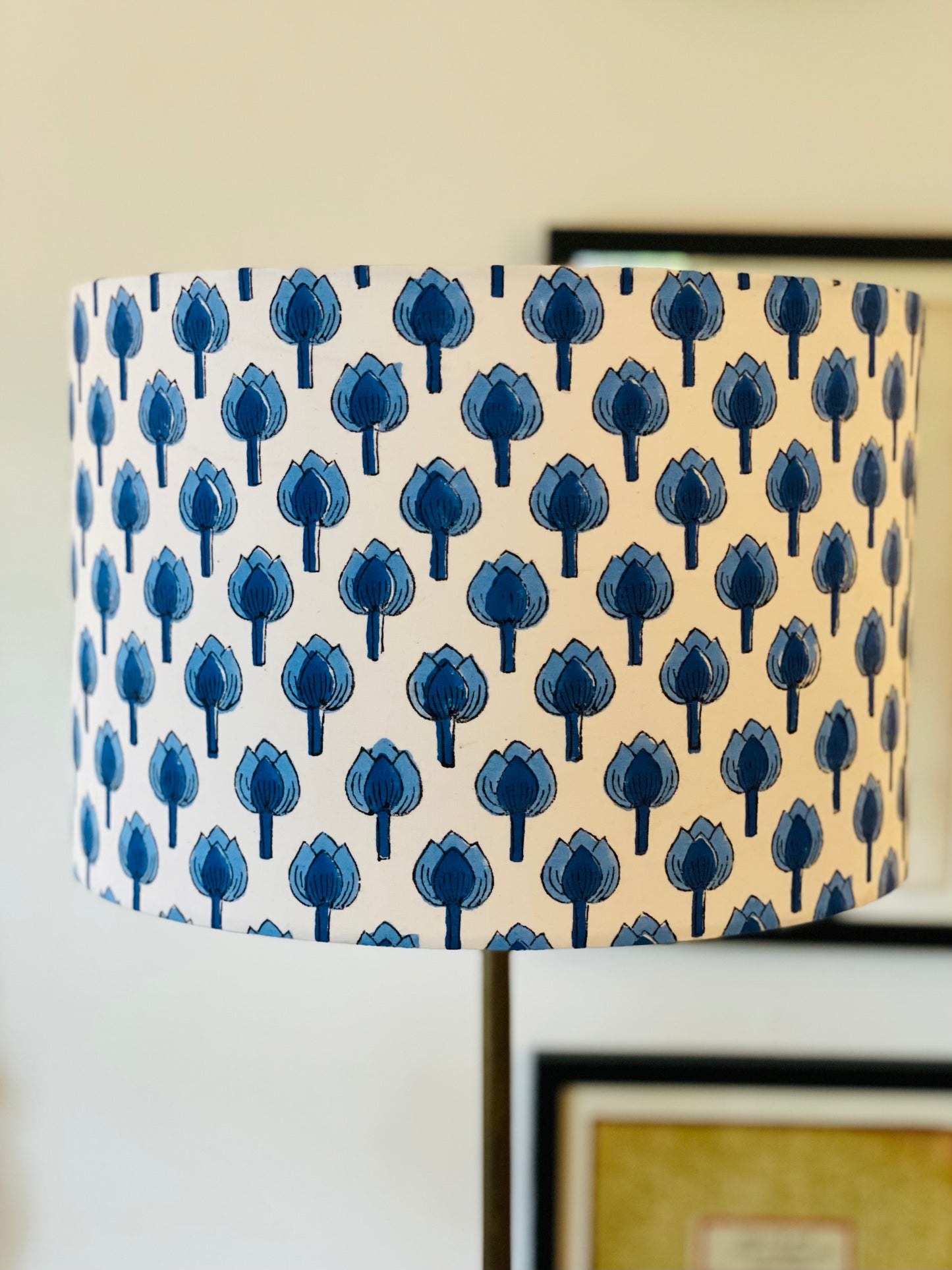 12 Inch Drum Lampshade. Indian Block Print. Shades of Royal Blue on White.
