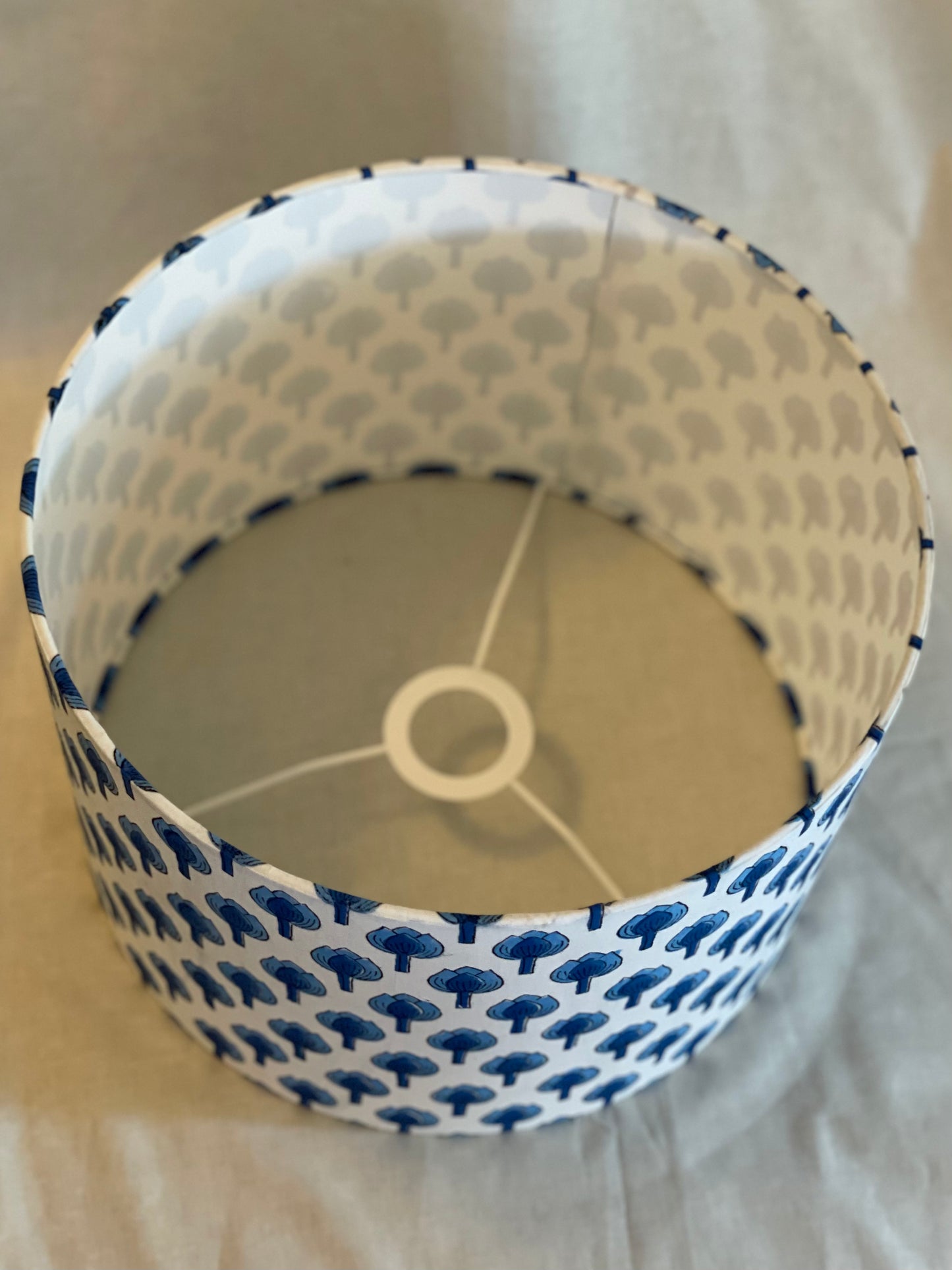 12 Inch Drum Lampshade. Indian Block Print. Shades of Royal Blue on White.