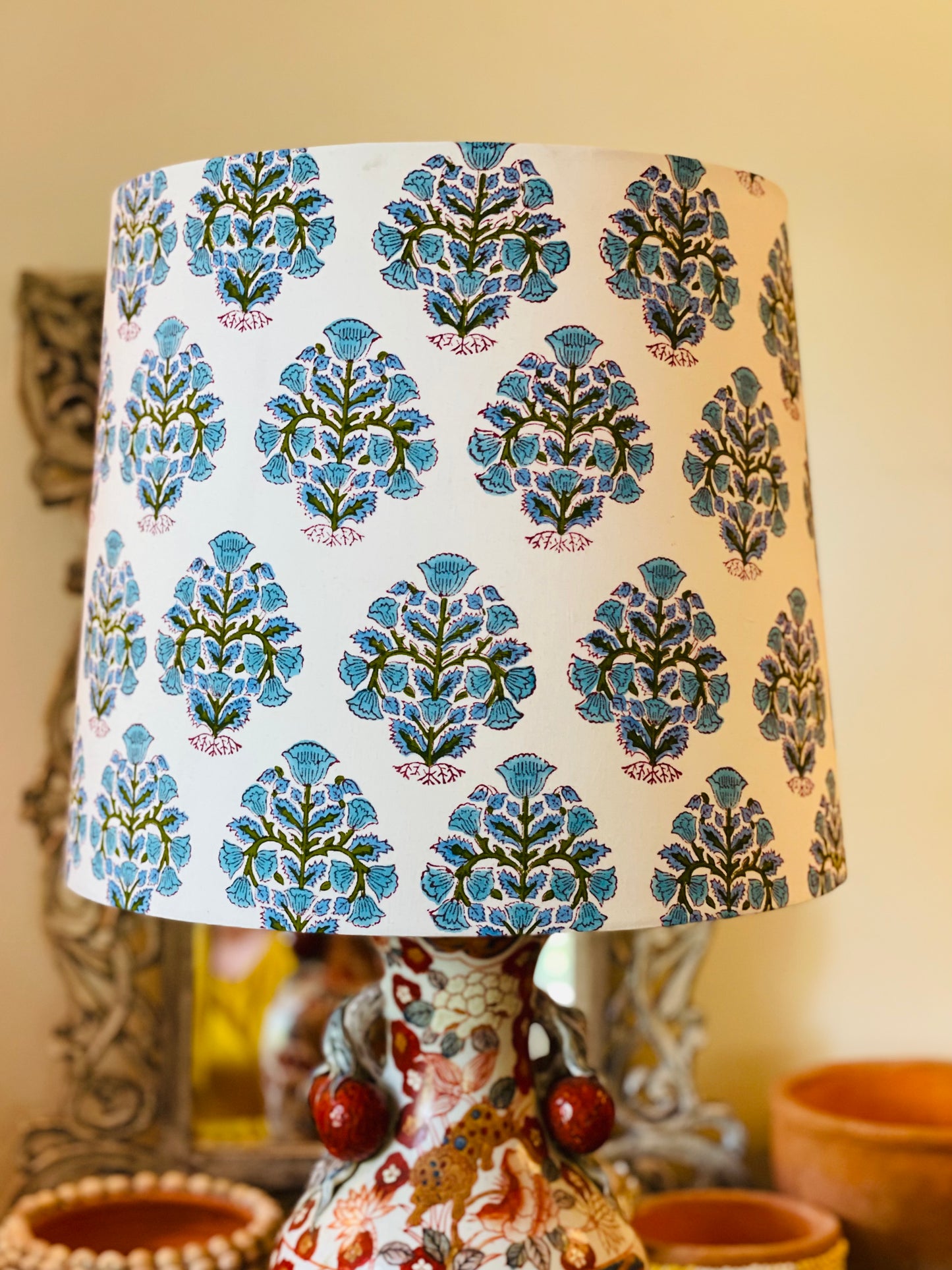 Large Empire Shade. 11.75 x 13.75 x 11.75. Indian Hand Block Print. Faded Lapis, Teal, and Deep Olive on Ivory.