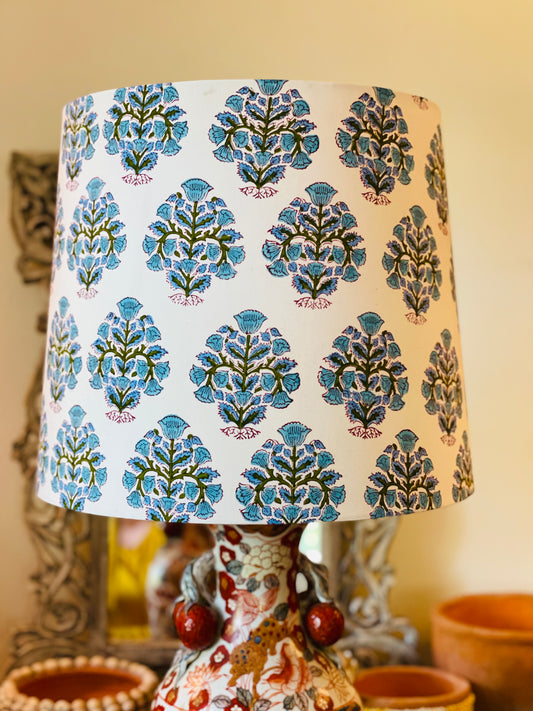 Large Empire Shade. 11.75 x 13.75 x 11.75. Indian Hand Block Print. Faded Lapis, Teal, and Deep Olive on Ivory.
