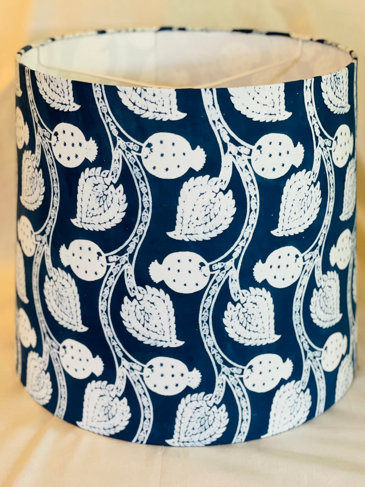 Large Empire Shade. 11.75 x 13.75 x 11.75. Indian Hand Resist Fabric. Indigo and White.