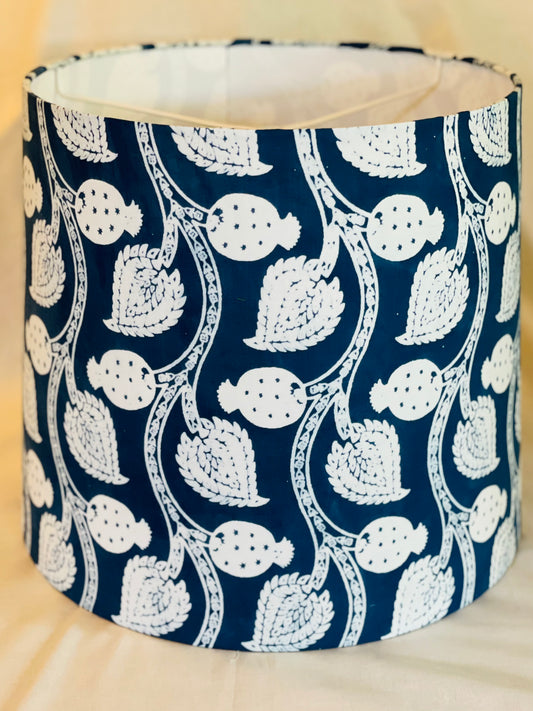 Large Empire Shade. 11.75 x 13.75 x 11.75. Indian Hand Resist Fabric. Indigo and White.