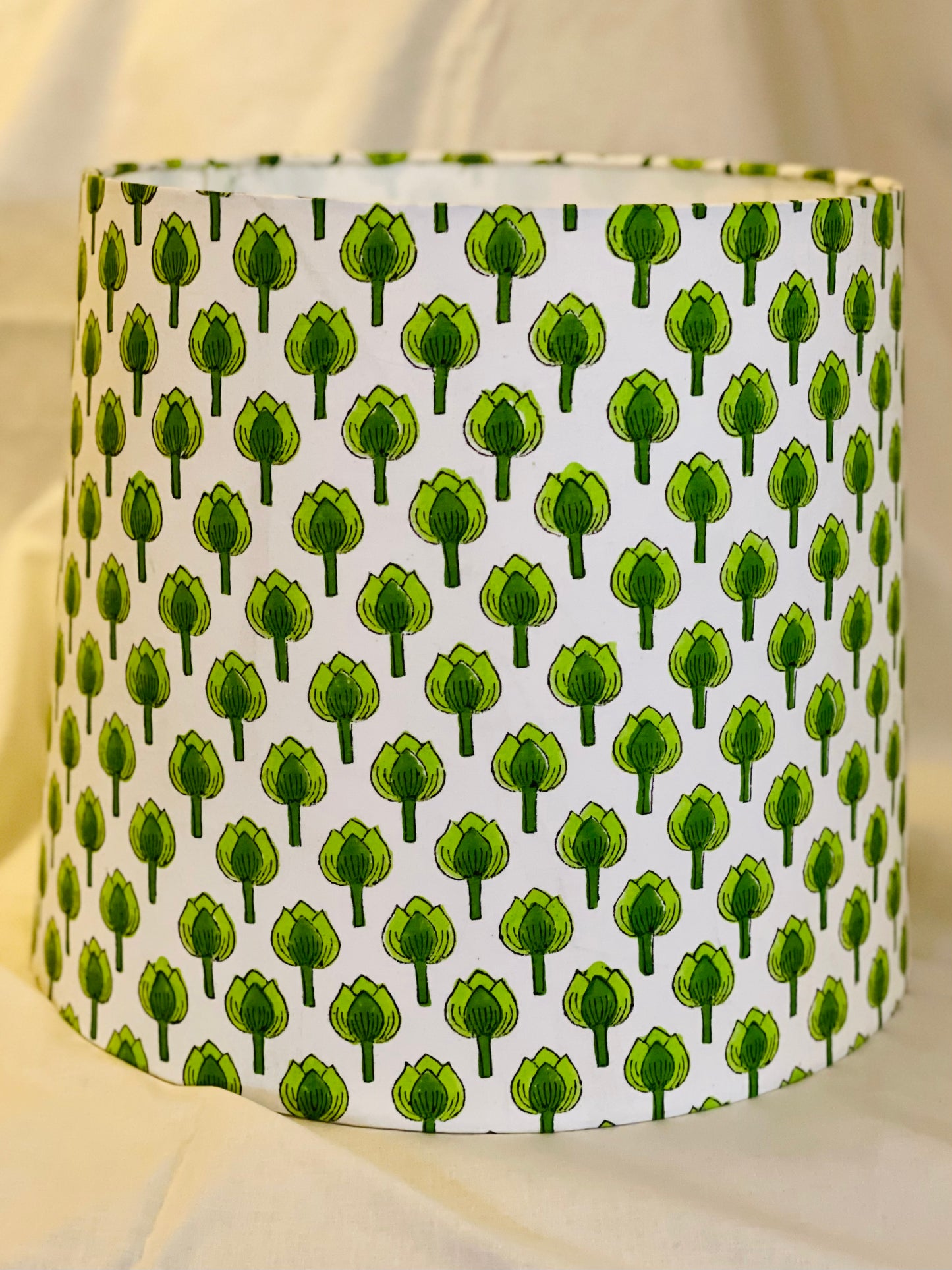 Large Empire Shade. 11.75 x 13.75 x 11.75. Indian Hand Block Print. Shades of Apple Green on White.