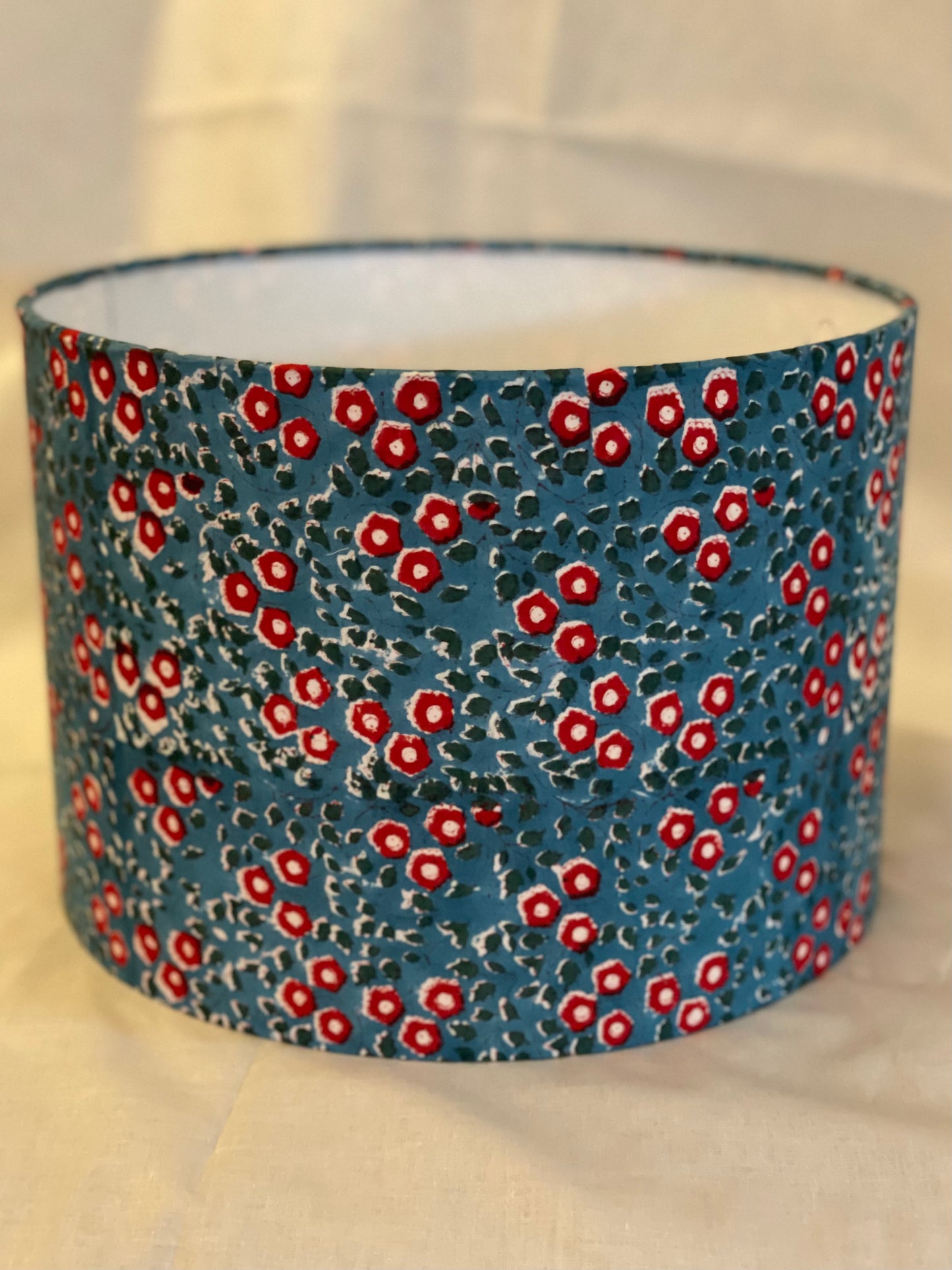 10 inch Drum Lampshade. Indian Block Print. Teal with Crimson and Ivory Floral.