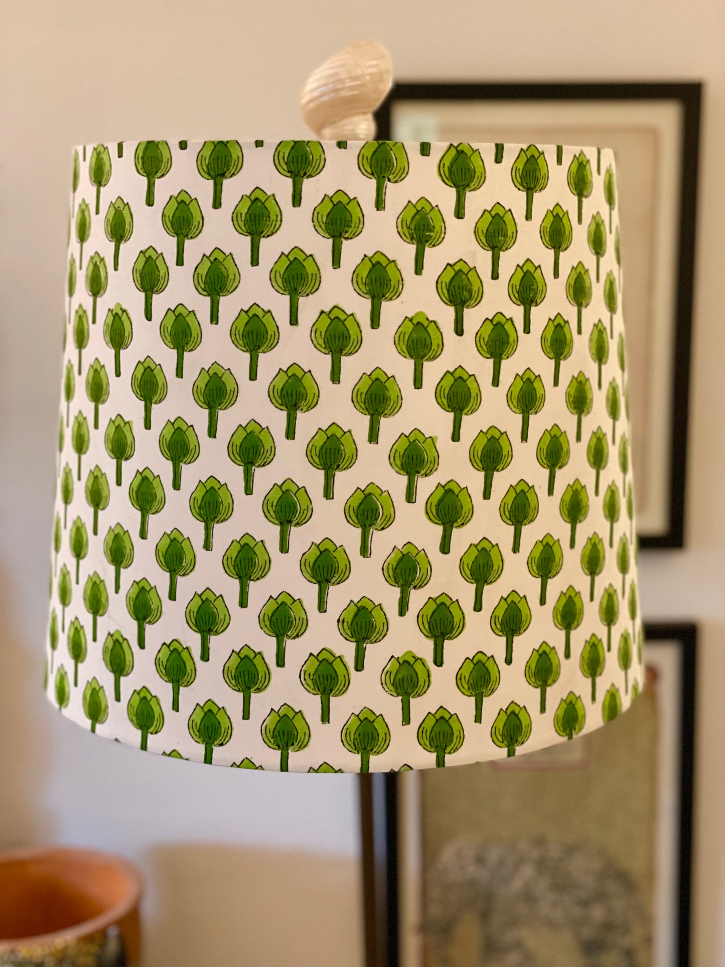 Large Empire Shade. 11.75 x 13.75 x 11.75. Indian Hand Block Print. Shades of Apple Green on White.