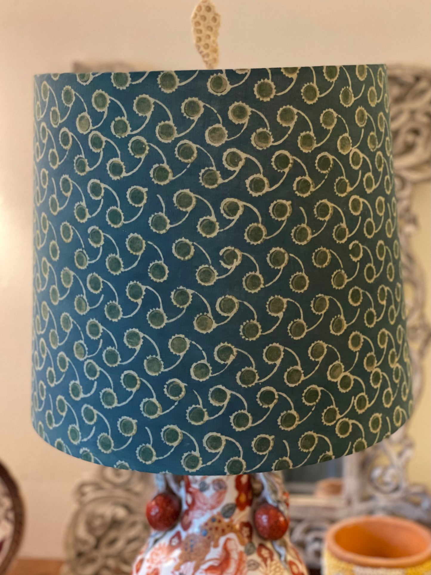 Large Empire Shade. 11.75 x 13.75 x 11.75. Indian Hand Batik. Dark Slate/Teal with Mossy Green and Ecru Circular Pattern.