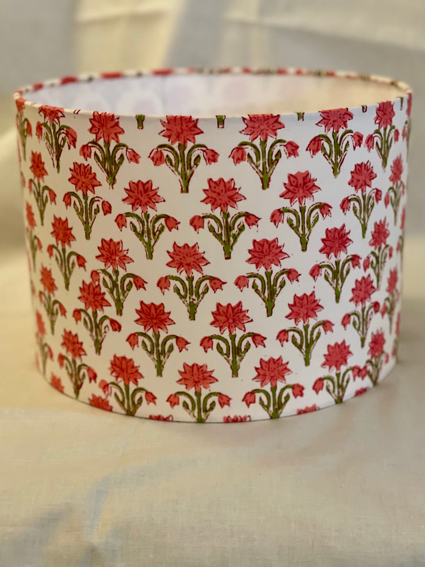 10 inch Drum Lampshade. Indian Block Print. Carmine Pink and Olive Green Floral on Ivory.