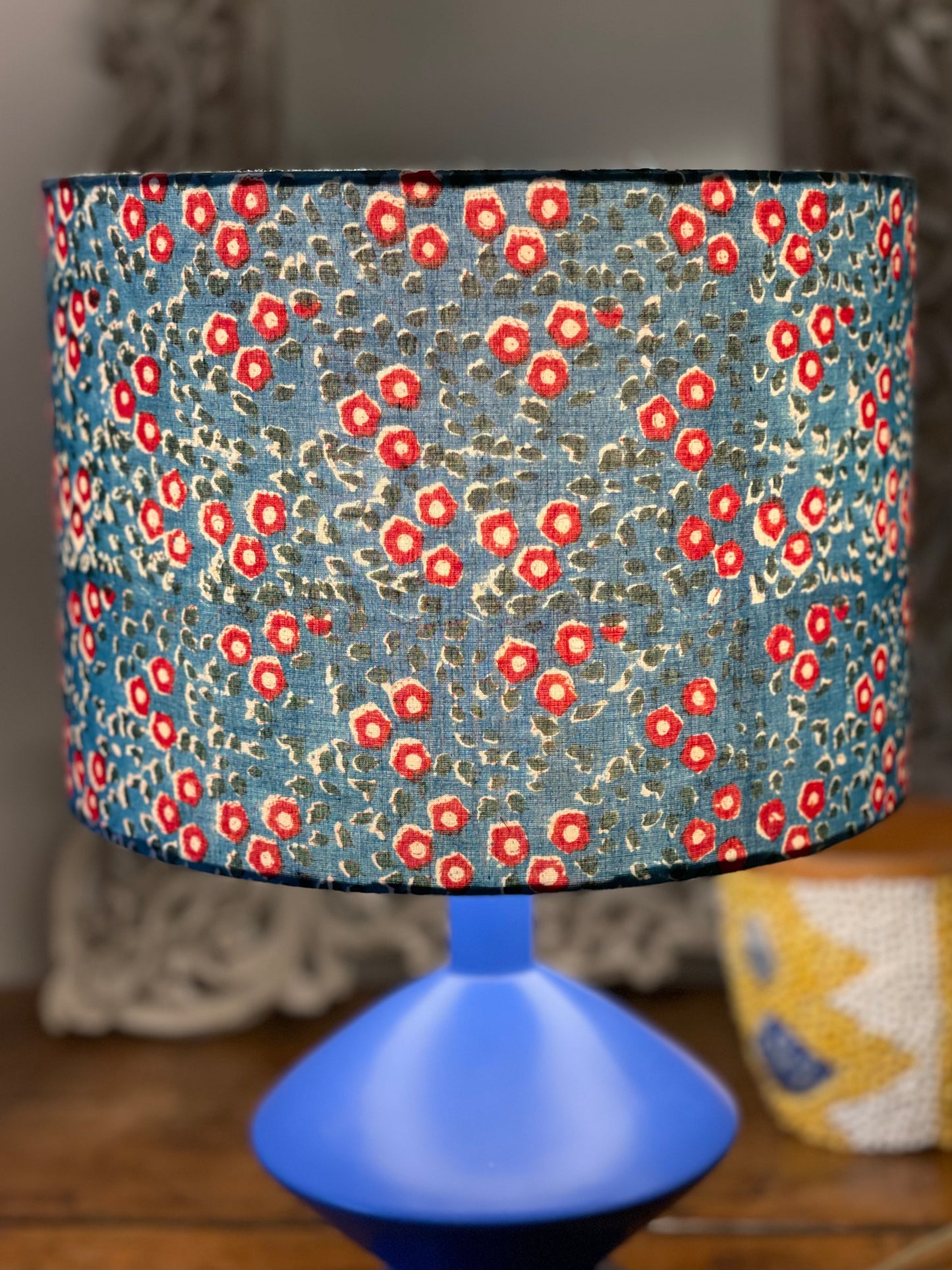 10 inch Drum Lampshade. Indian Block Print. Teal with Crimson and Ivory Floral.