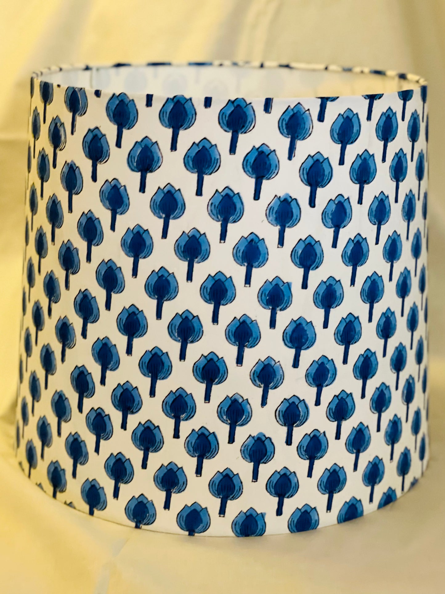Large Empire Lampshade. 11.75 x 13.75 x 11.75. Indian Hand Block Print. Shades of Royal Blue on White.