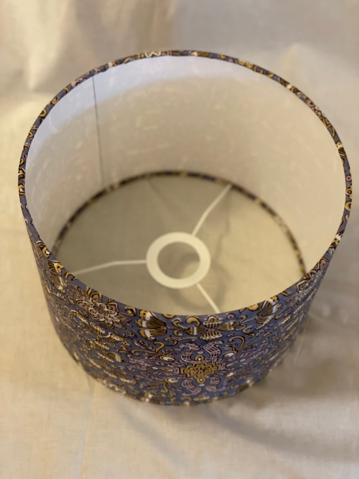 10 inch Drum Lampshade. Indian Block Print. Stormcloud Gray with Ochre, Ecru, and Mauve Taupe details.
