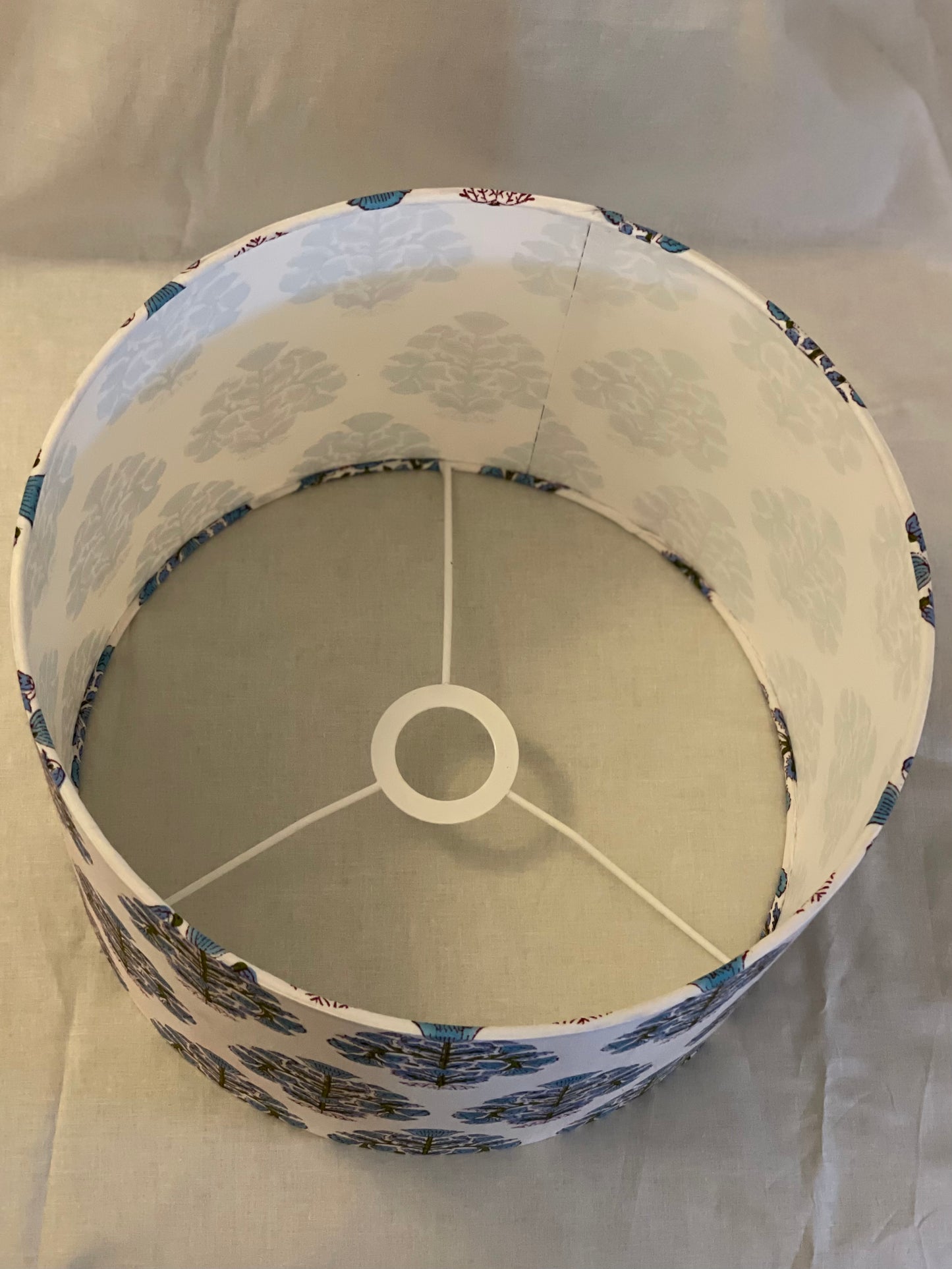 12 Inch Drum Lampshade. Indian Hand Block Print. Faded Lapis, Teal, and Deep Olive on Ivory.