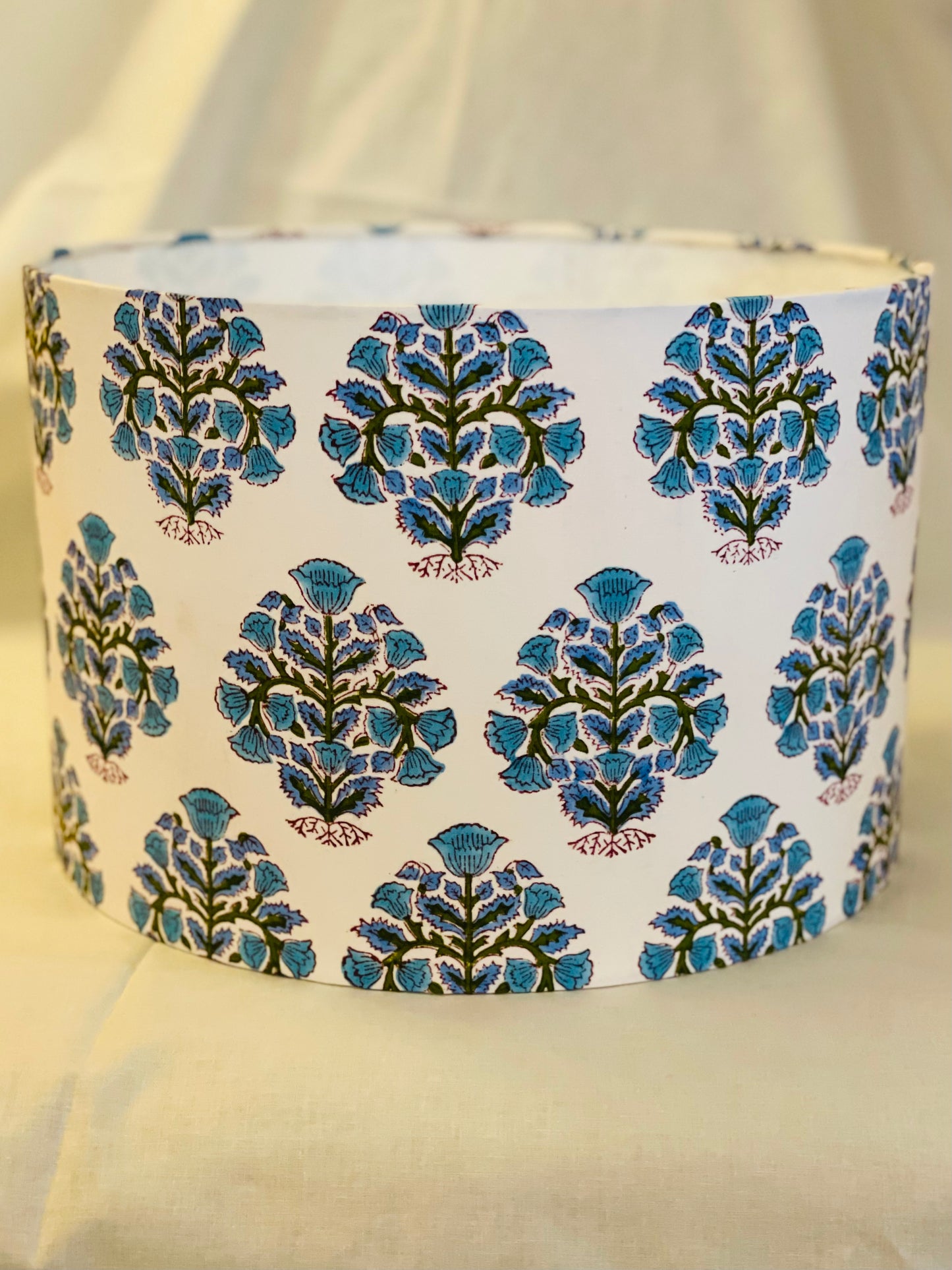 12 Inch Drum Lampshade. Indian Hand Block Print. Faded Lapis, Teal, and Deep Olive on Ivory.