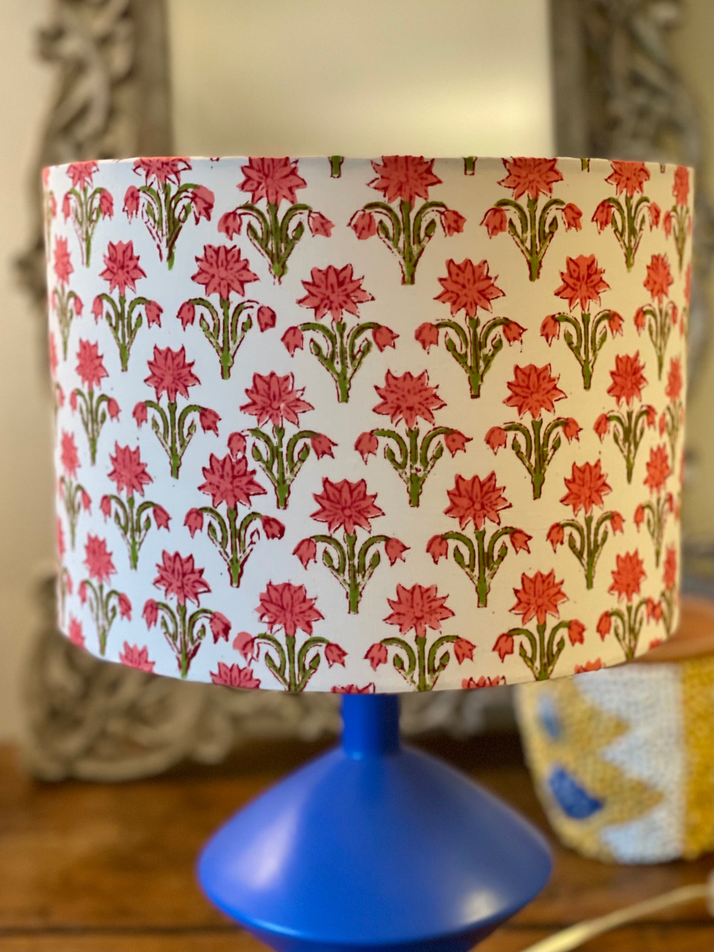 10 inch Drum Lampshade. Indian Block Print. Carmine Pink and Olive Green Floral on Ivory.