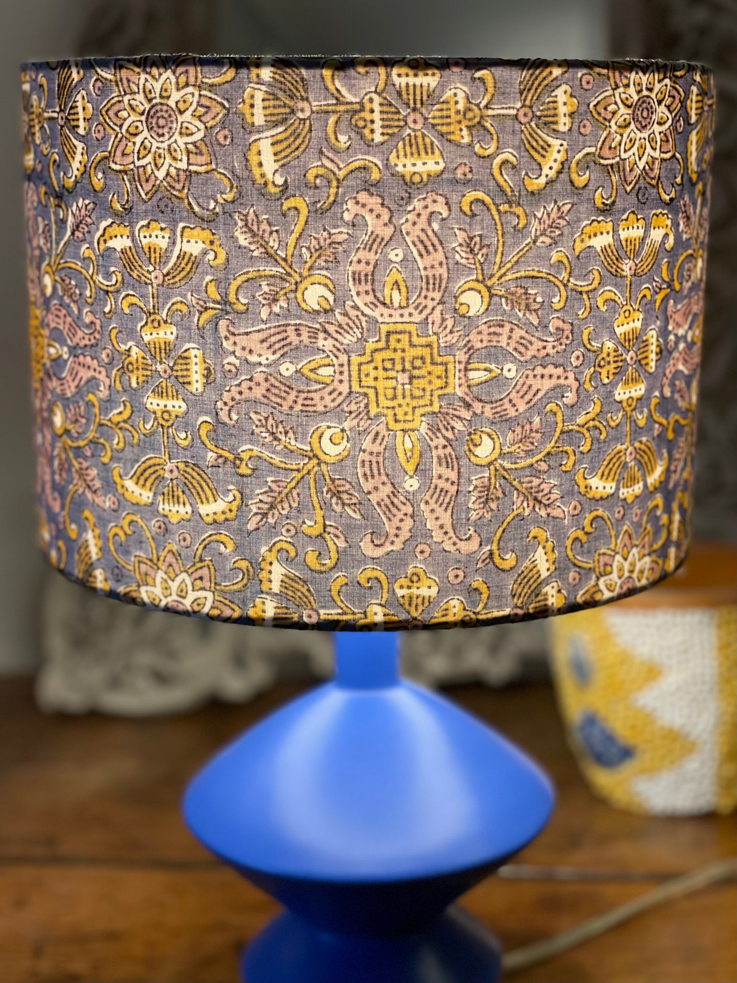 10 inch Drum Lampshade. Indian Block Print. Stormcloud Gray with Ochre, Ecru, and Mauve Taupe details.