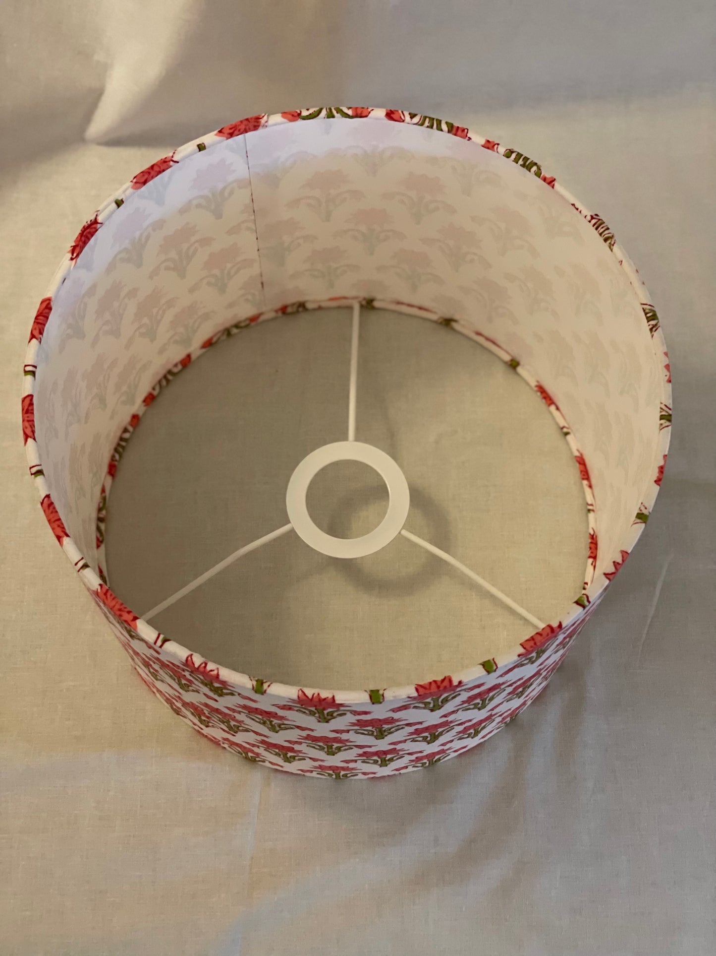 10 inch Drum Lampshade. Indian Block Print. Carmine Pink and Olive Green Floral on Ivory.