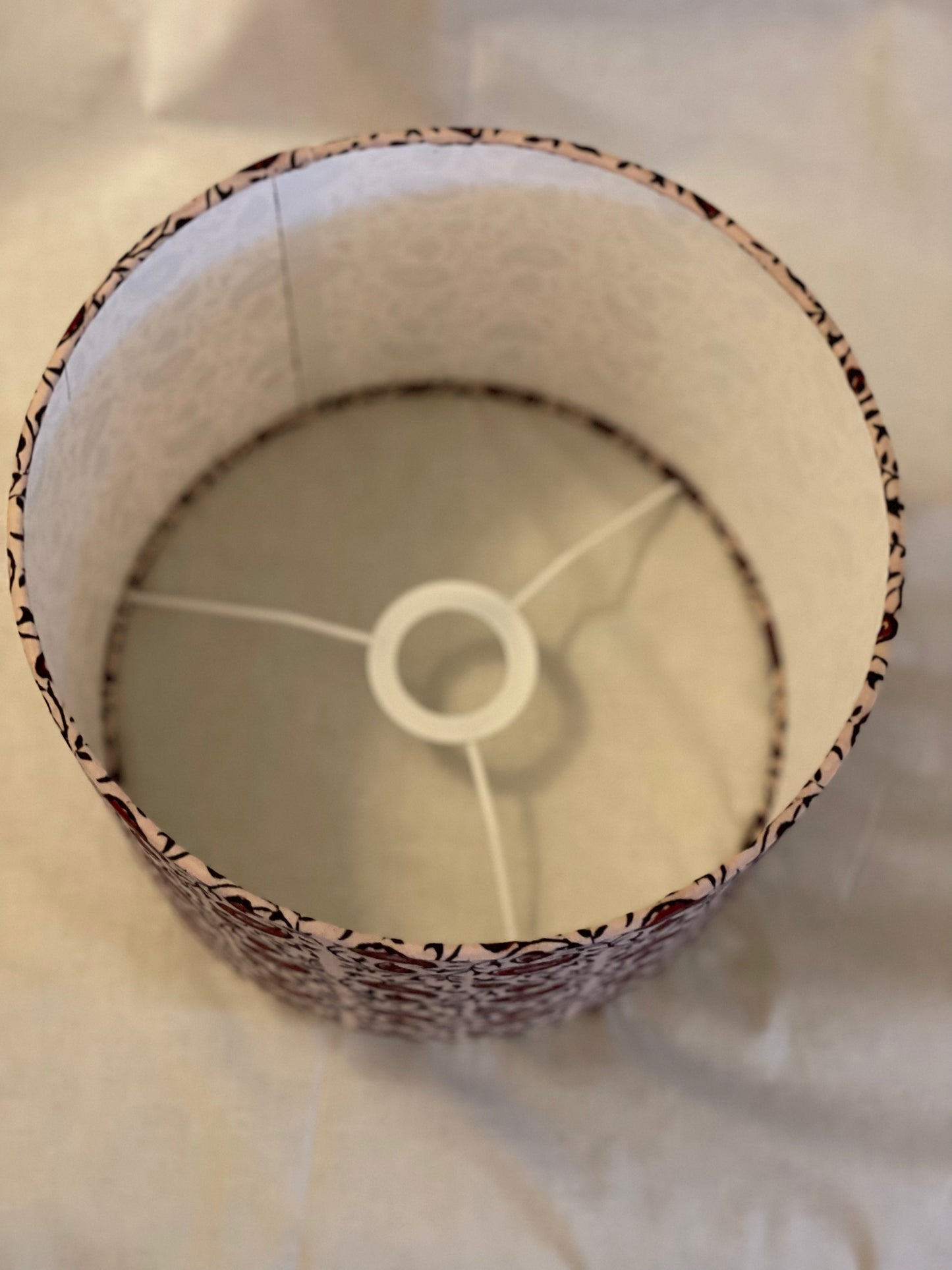 10 inch Drum Lampshade. Indian Block Print from Bagh. Maroon and Licorice Paisley Pattern on Ivory.