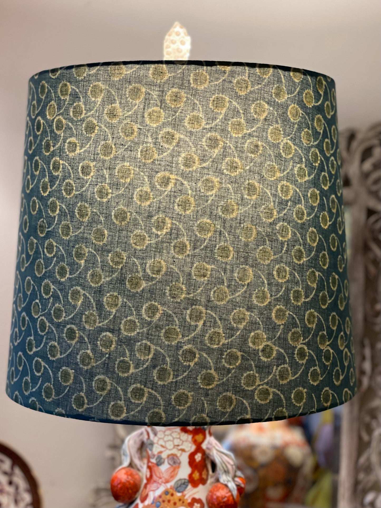 Large Empire Shade. 11.75 x 13.75 x 11.75. Indian Hand Batik. Dark Slate/Teal with Mossy Green and Ecru Circular Pattern.