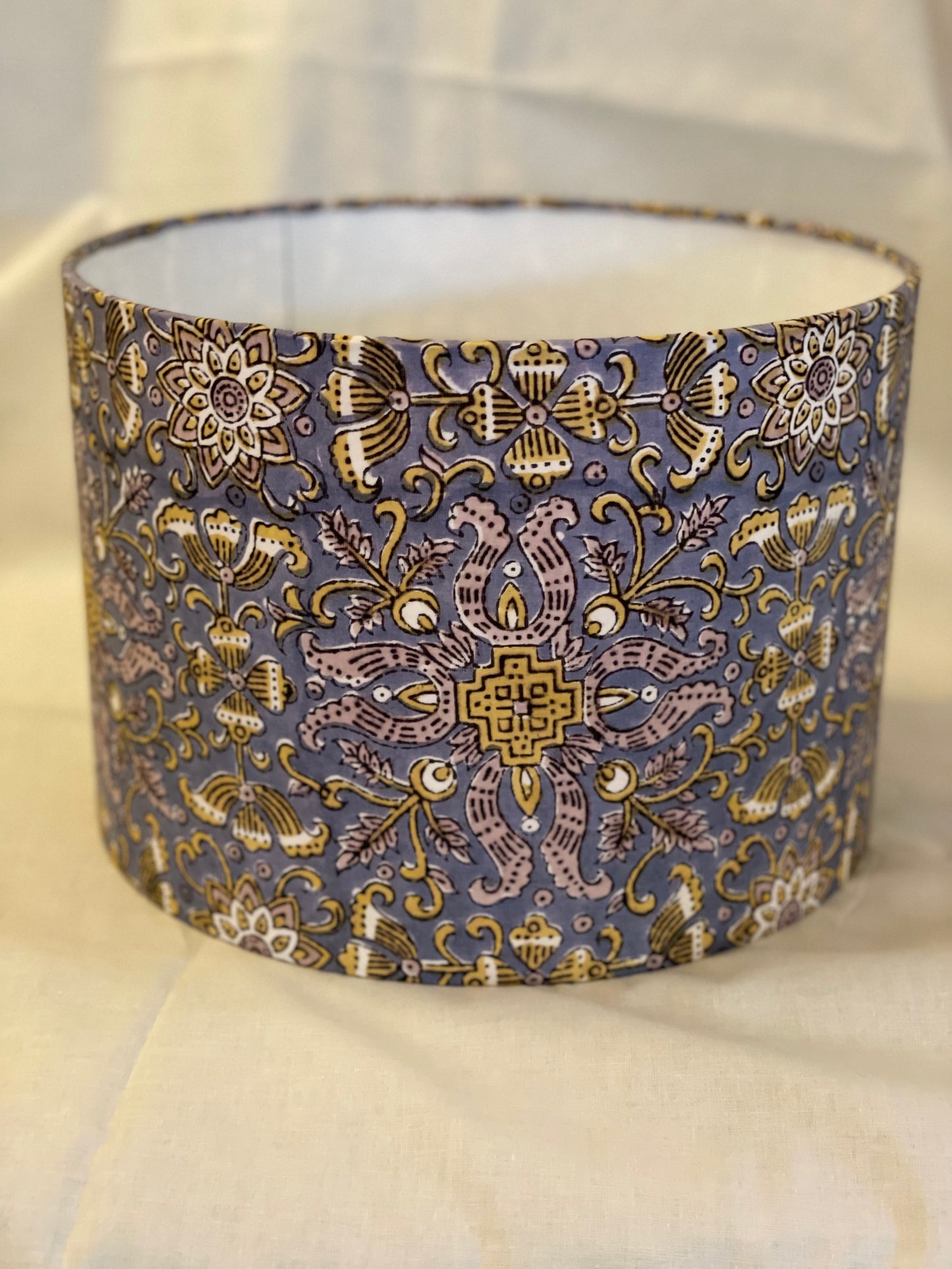 10 inch Drum Lampshade. Indian Block Print. Stormcloud Gray with Ochre, Ecru, and Mauve Taupe details.