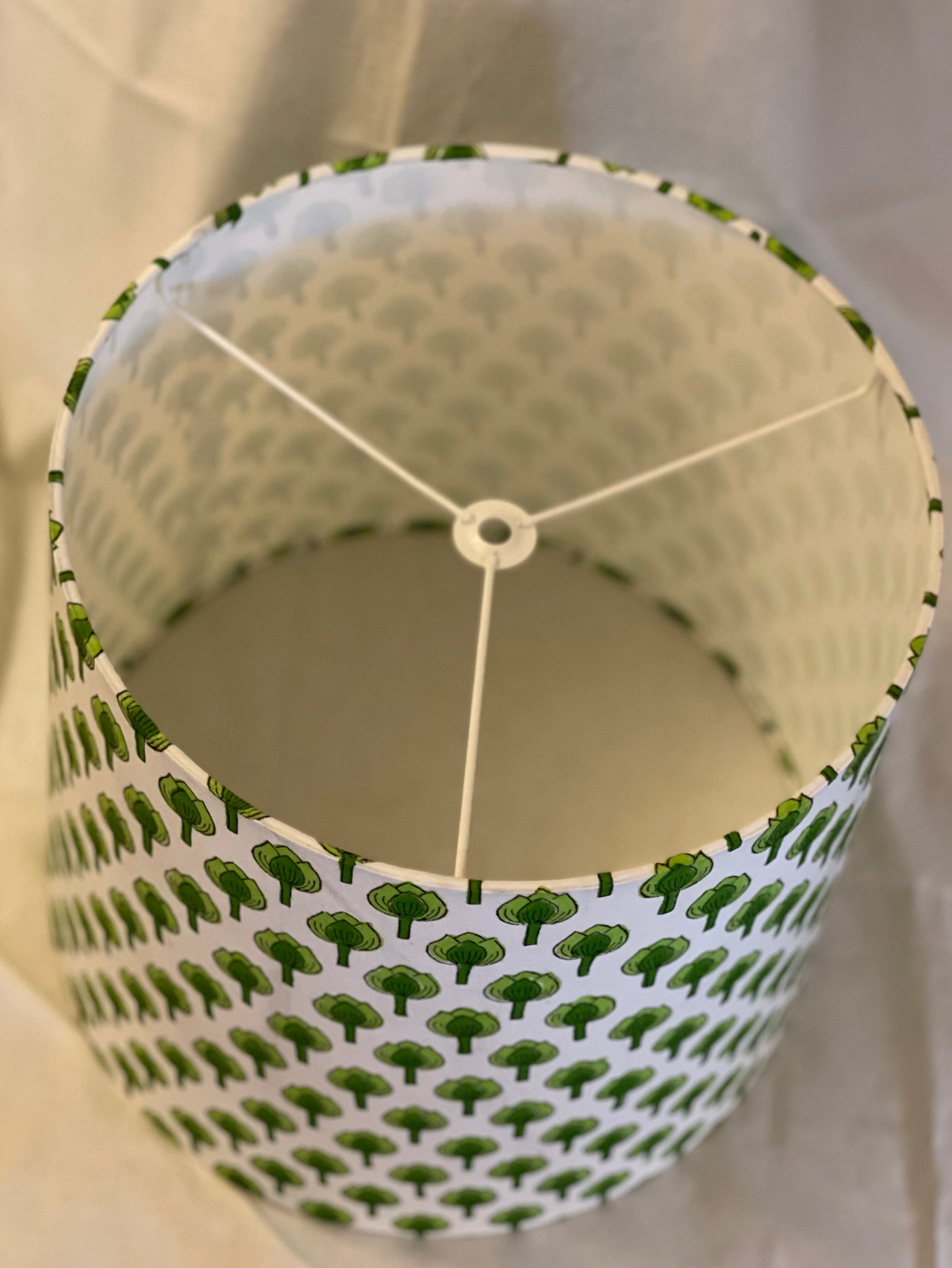 Large Empire Shade. 11.75 x 13.75 x 11.75. Indian Hand Block Print. Shades of Apple Green on White.