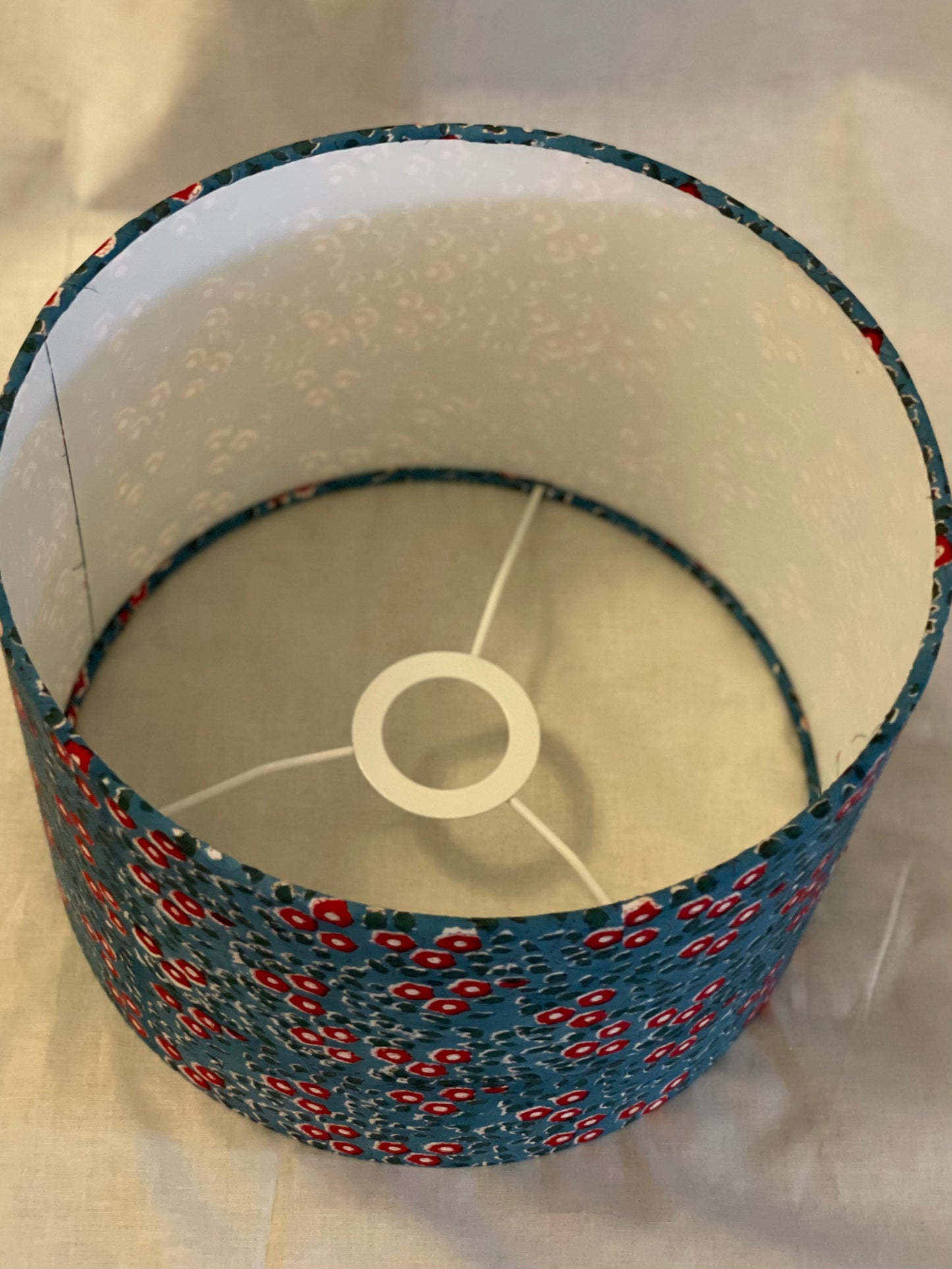 *DISCONTINUED* 10 inch Drum Lampshade. Indian Block Print. Teal with Crimson and Ivory Floral.