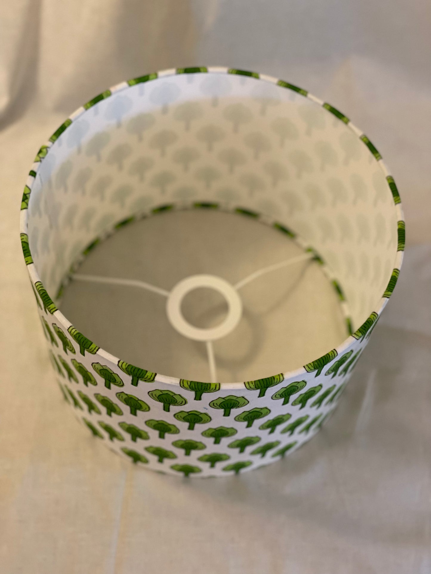 10 inch Drum Lampshade. Indian Block Print. Shades of Apple Green on White.