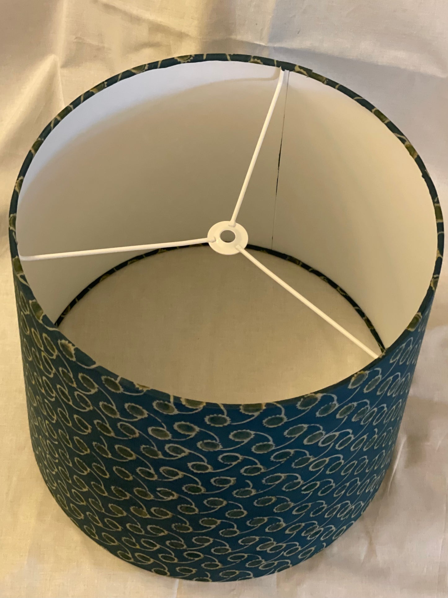 Large Empire Shade. 11.75 x 13.75 x 11.75. Indian Hand Batik. Dark Slate/Teal with Mossy Green and Ecru Circular Pattern.