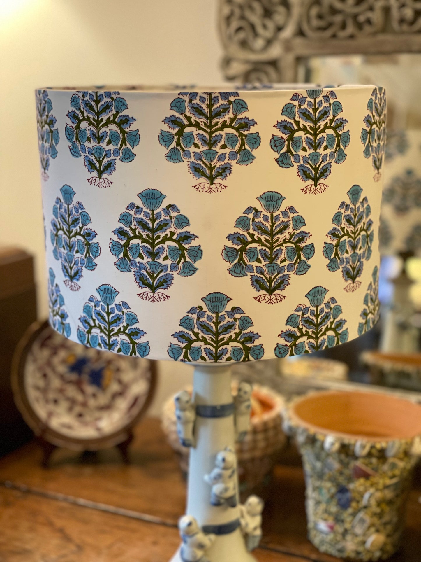 12 Inch Drum Lampshade. Indian Hand Block Print. Faded Lapis, Teal, and Deep Olive on Ivory.