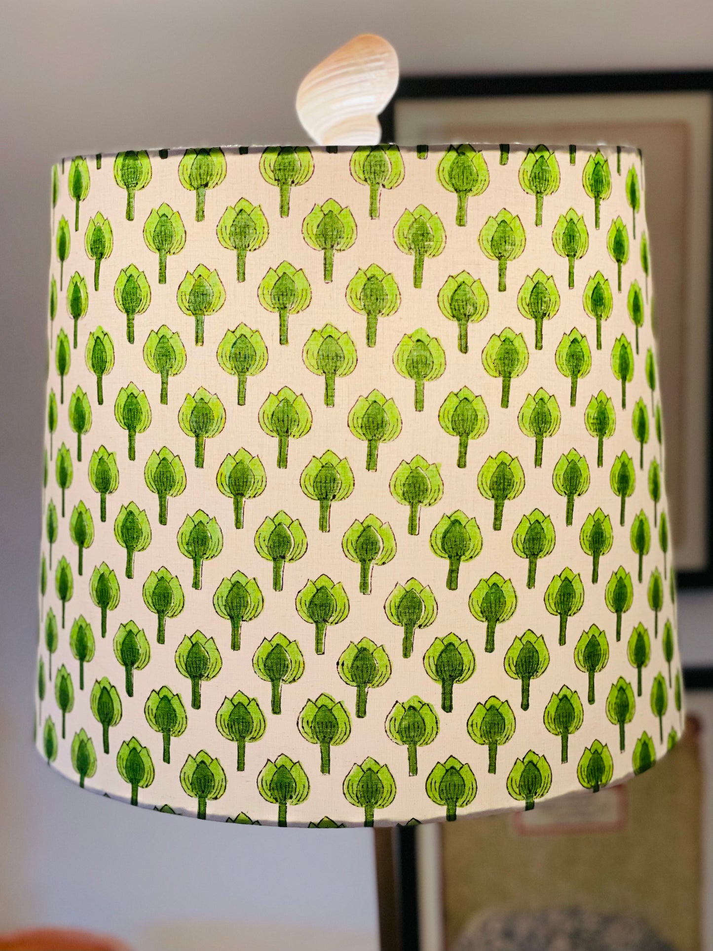 Large Empire Shade. 11.75 x 13.75 x 11.75. Indian Hand Block Print. Shades of Apple Green on White.