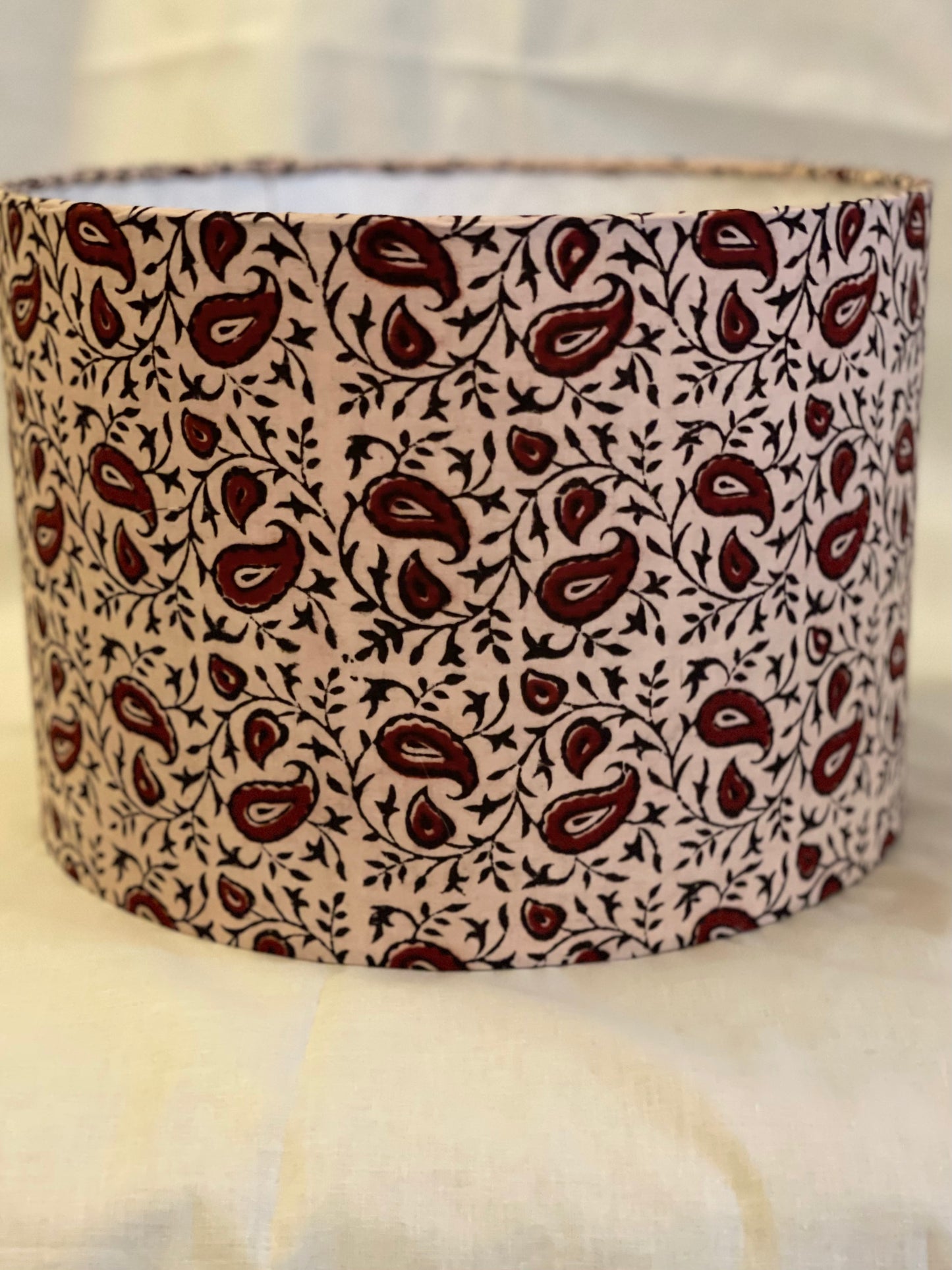 10 inch Drum Lampshade. Indian Block Print from Bagh. Maroon and Licorice Paisley Pattern on Ivory.
