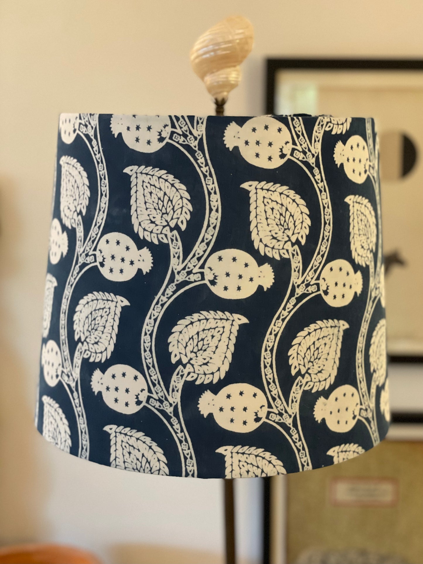 Medium Empire Shade. Indian Hand Resist Fabric. Indigo and White.