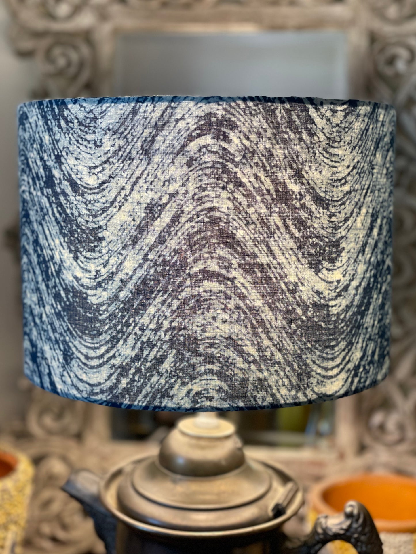 10 inch Drum Lampshade. Indigo Batik from India. Blue and White Wavy Combed Pattern.