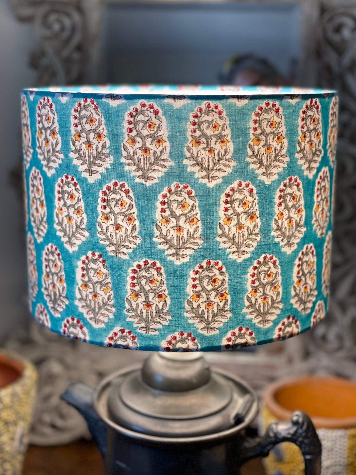 10 inch Drum Lampshade. Indian Hand Block Print from Jaipur. Turquoise with Crimson, Ochre and Taupe Floral Motif.