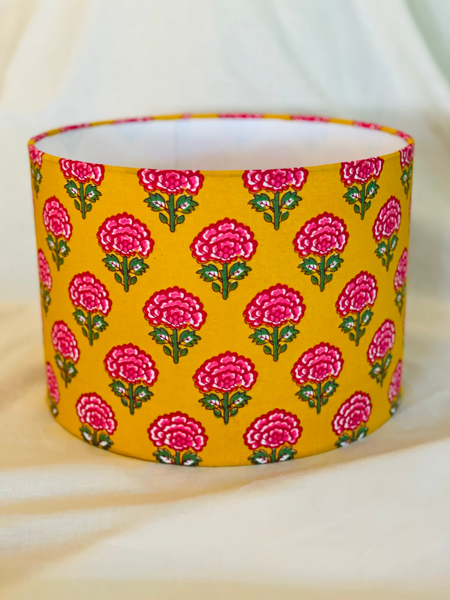 10 inch Drum Lampshade. Indian Block print from Jaipur. Mustard with Cerise, Rani Pink, and Dark Spring Green Floral Motif.
