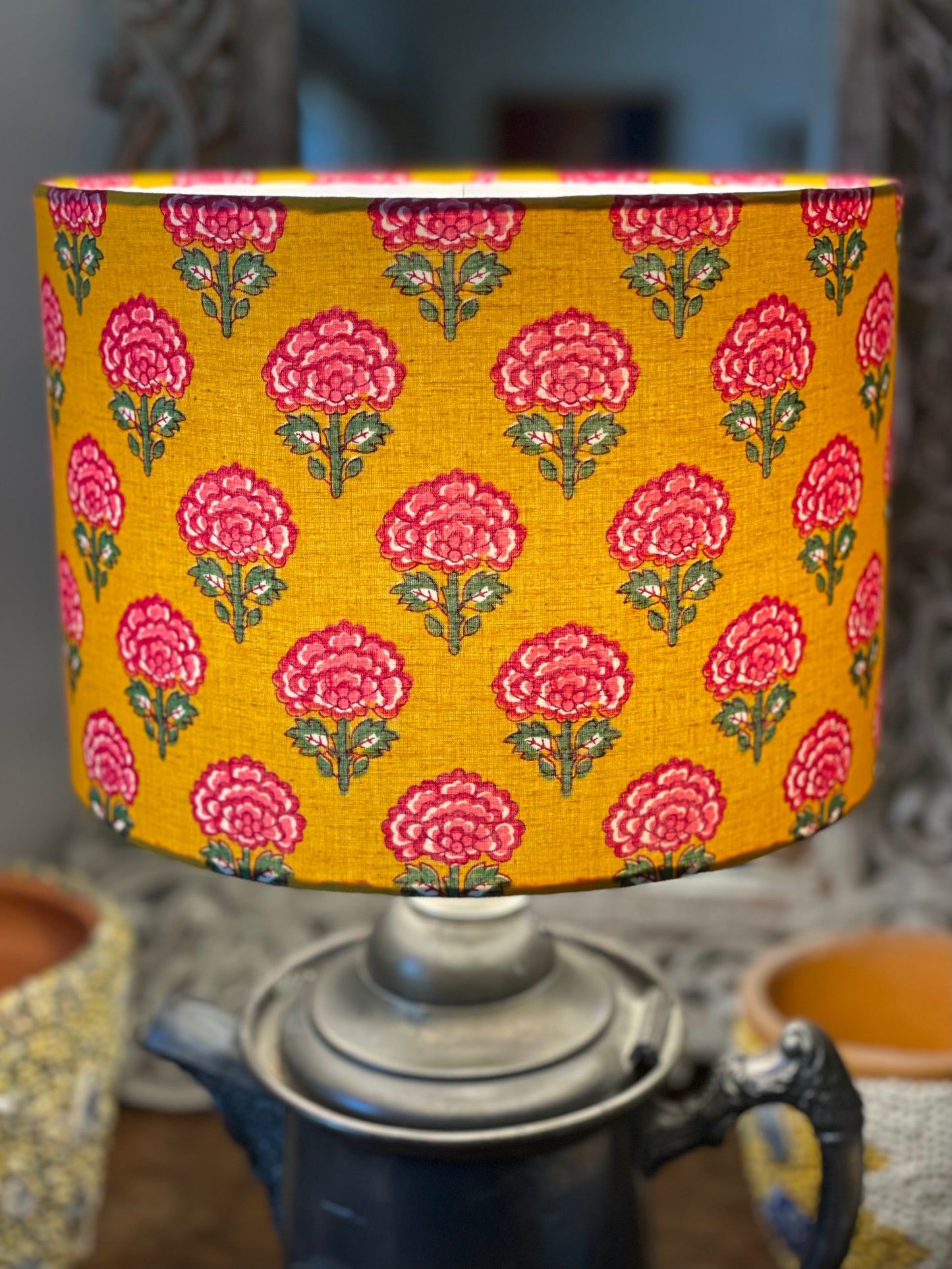 10 inch Drum Lampshade. Indian Block print from Jaipur. Mustard with Cerise, Rani Pink, and Dark Spring Green Floral Motif.