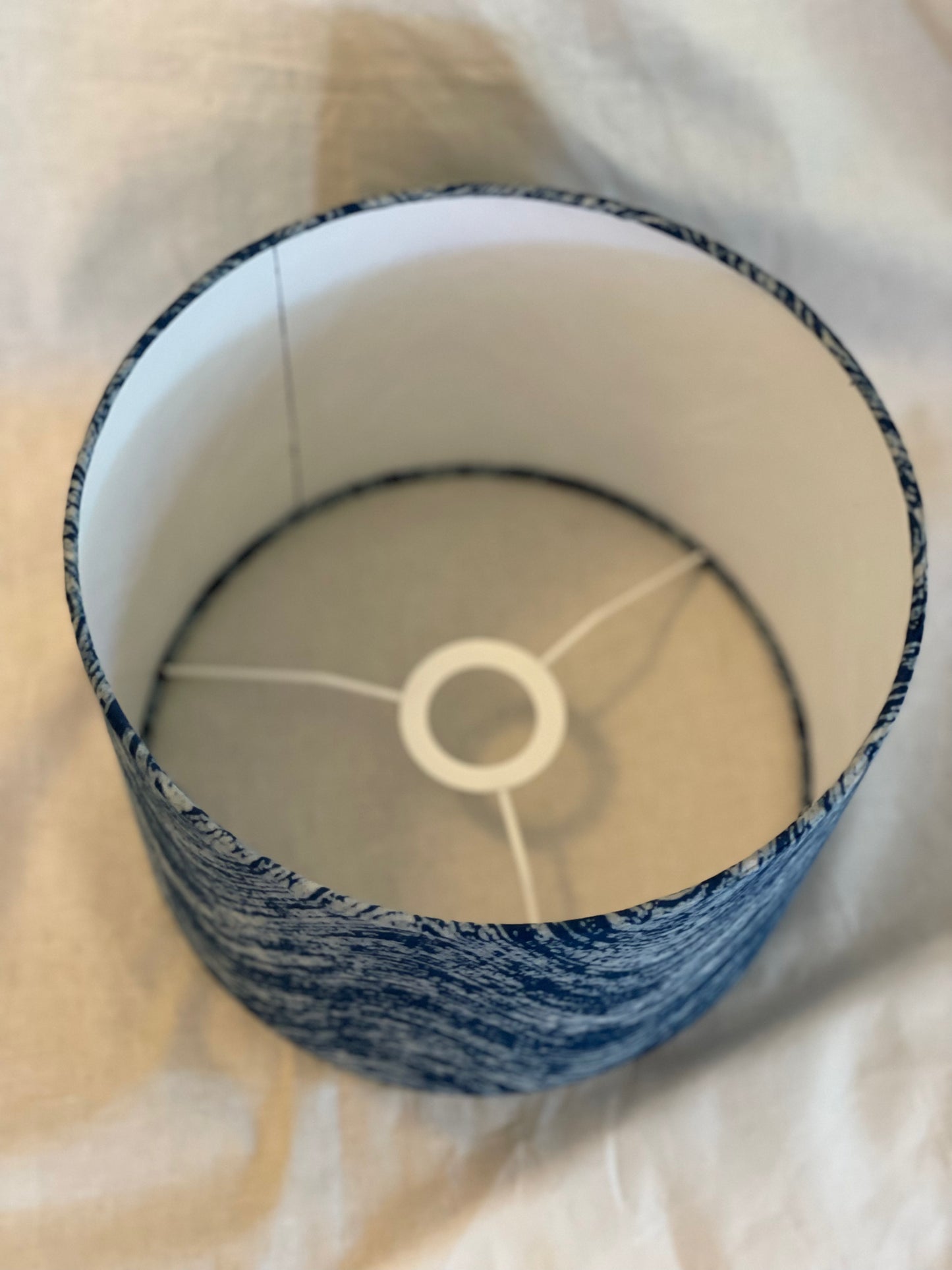 10 inch Drum Lampshade. Indigo Batik from India. Blue and White Wavy Combed Pattern.