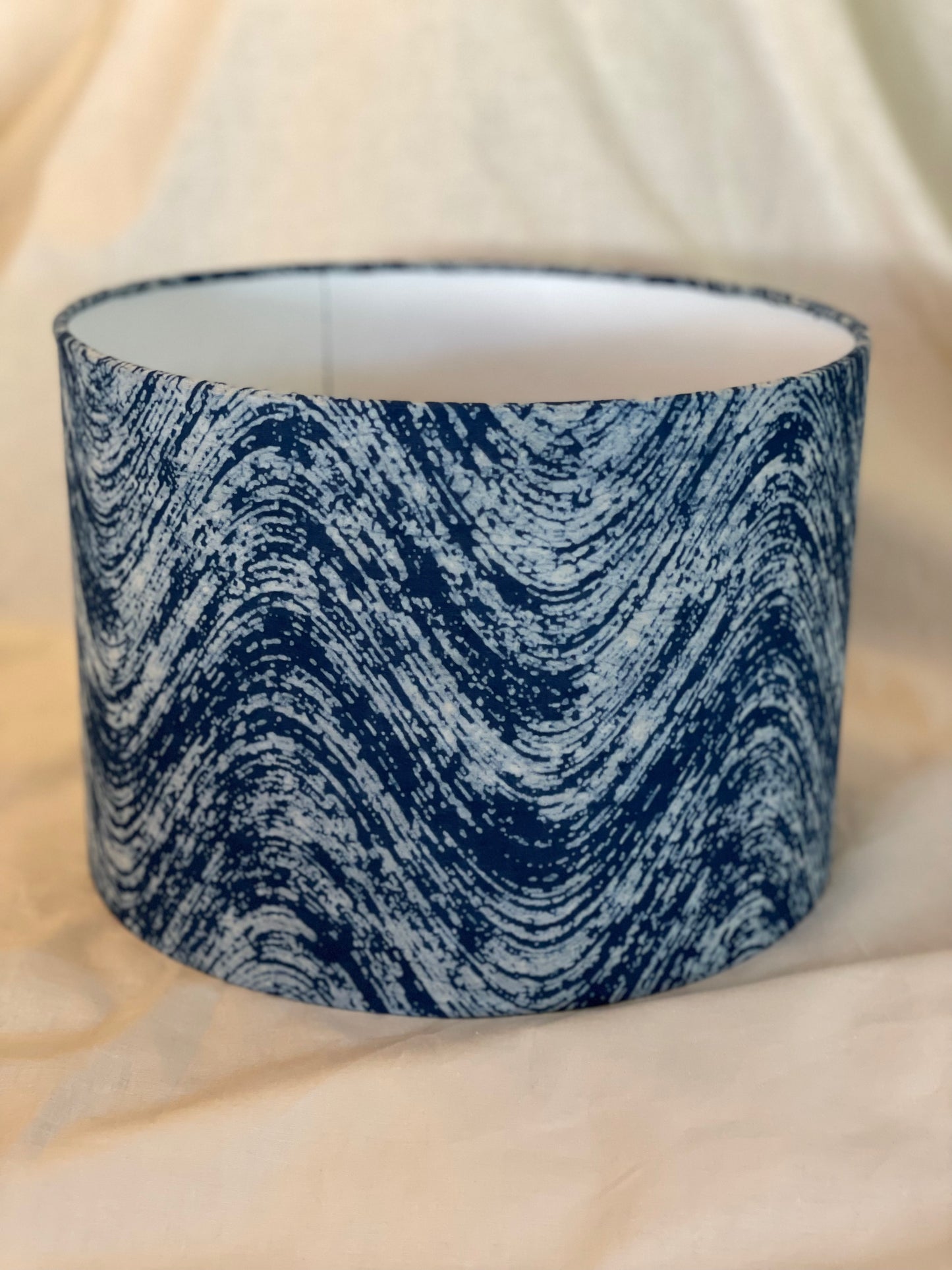 10 inch Drum Lampshade. Indigo Batik from India. Blue and White Wavy Combed Pattern.