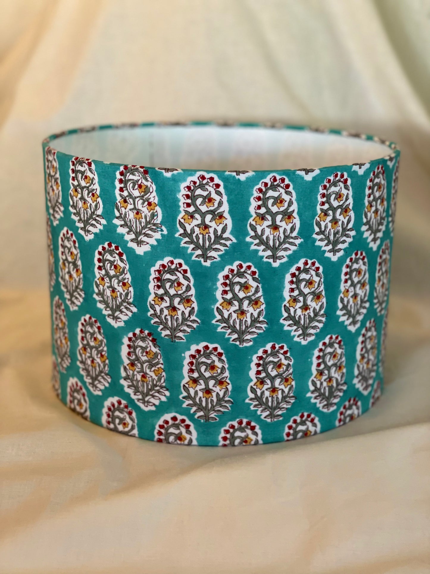 10 inch Drum Lampshade. Indian Hand Block Print from Jaipur. Turquoise with Crimson, Ochre and Taupe Floral Motif.