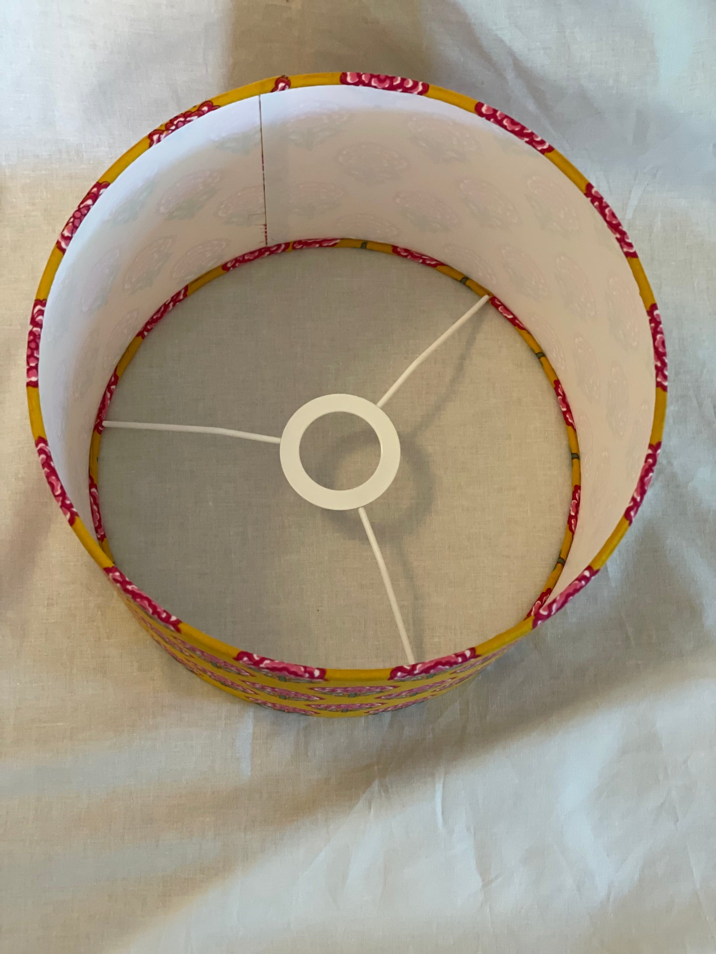 10 inch Drum Lampshade. Indian Block print from Jaipur. Mustard with Cerise, Rani Pink, and Dark Spring Green Floral Motif.