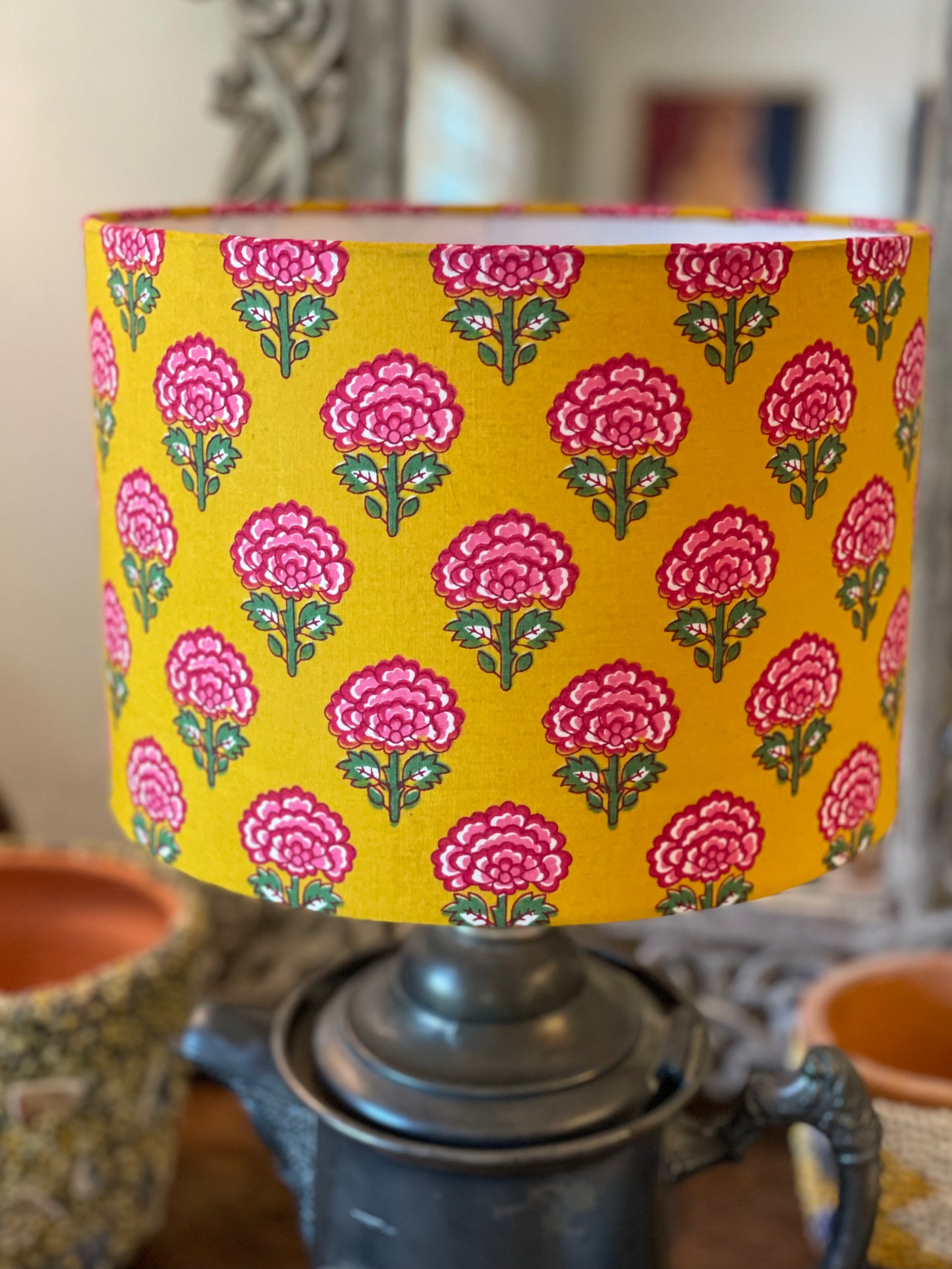 10 inch Drum Lampshade. Indian Block print from Jaipur. Mustard with Cerise, Rani Pink, and Dark Spring Green Floral Motif.