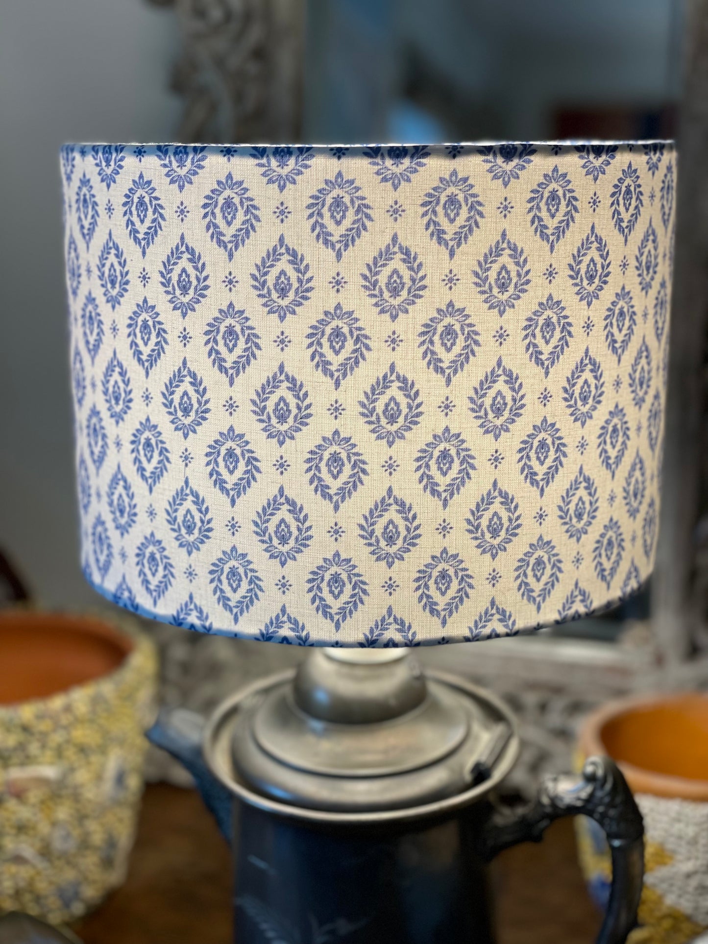 10 Inch Drum Lampshade. French Provençal "Valensole" Pattern. Blue and White.