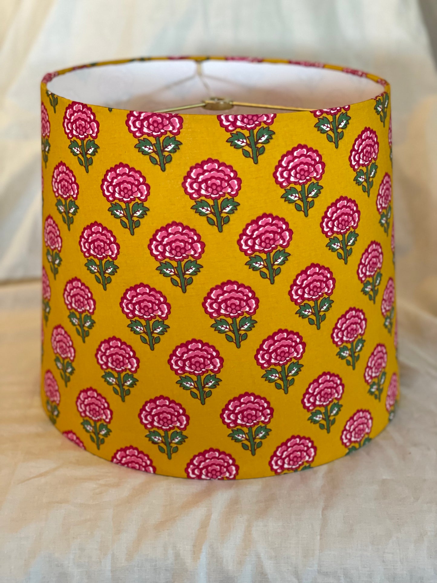 Medium Empire Shade. 10 x 11.75 x 10. Indian Block print from Jaipur. Mustard with Cerise, Rani Pink, and Dark Spring Green Floral Motif.