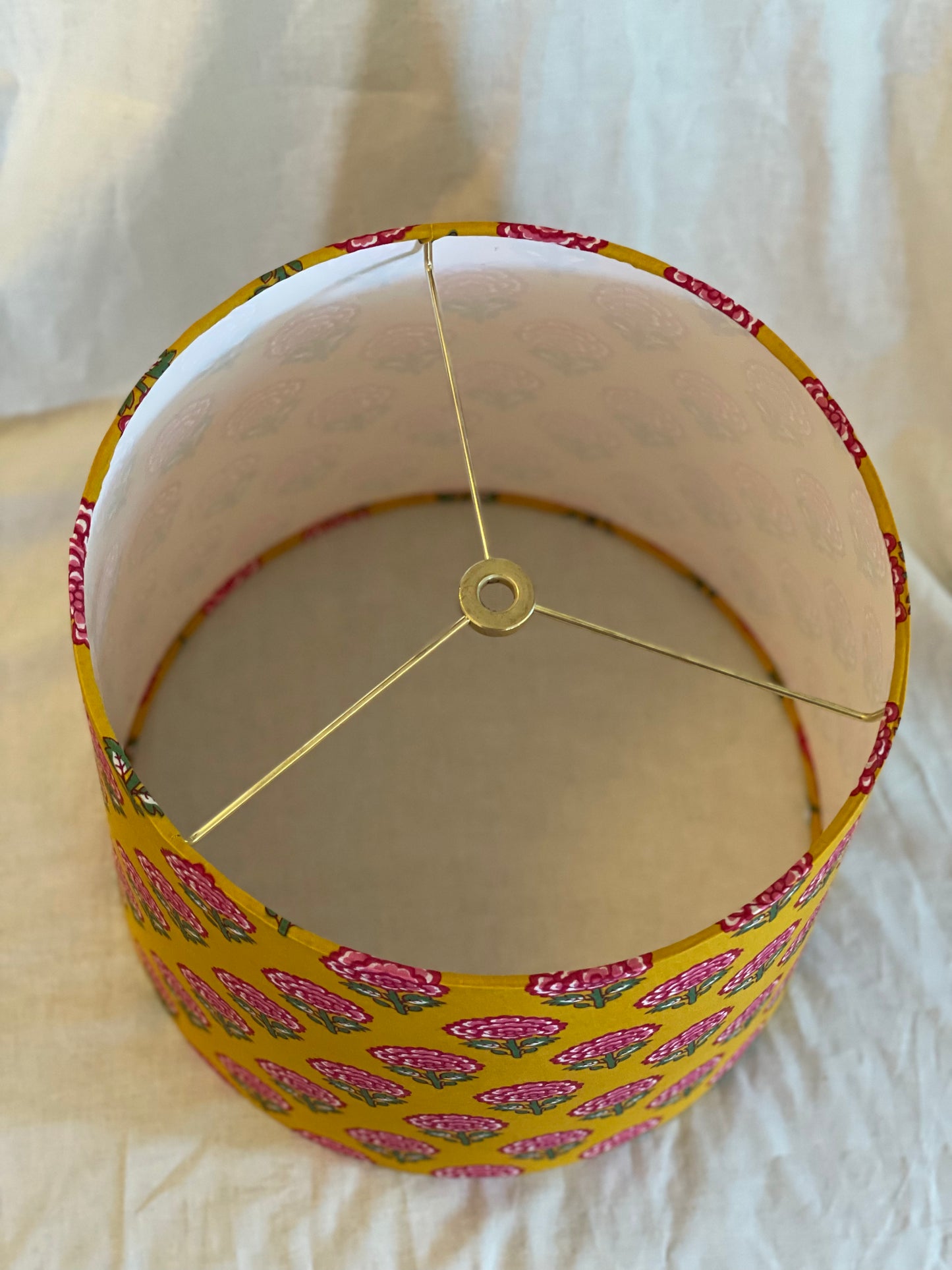 Medium Empire Shade. 10 x 11.75 x 10. Indian Block print from Jaipur. Mustard with Cerise, Rani Pink, and Dark Spring Green Floral Motif.